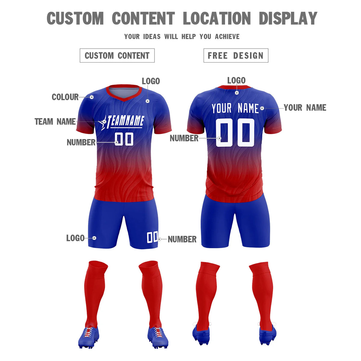 Custom Royal Blue Red Printing Sportswear Soccer Sets Jersey
