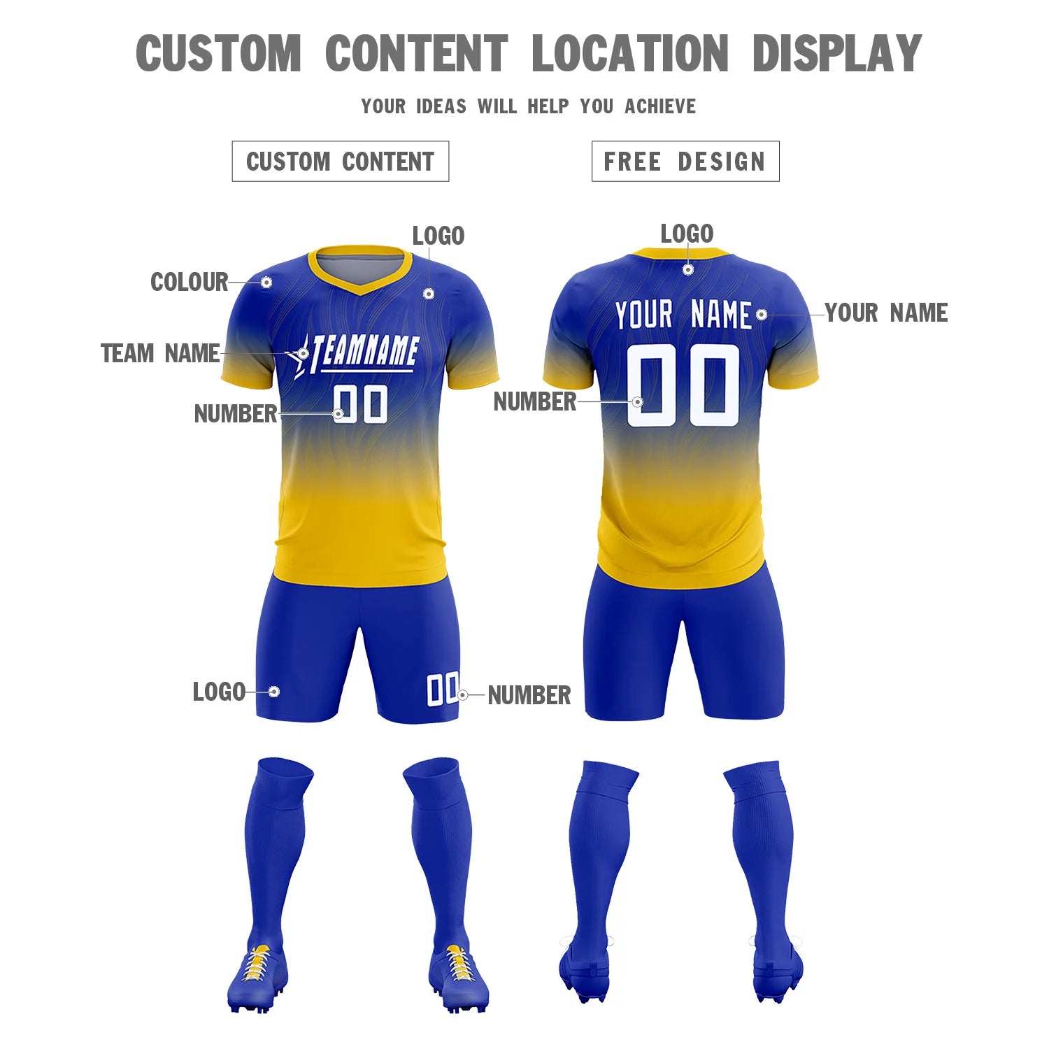 Custom Royal Blue Gold01 Printing Sportswear Soccer Sets Jersey