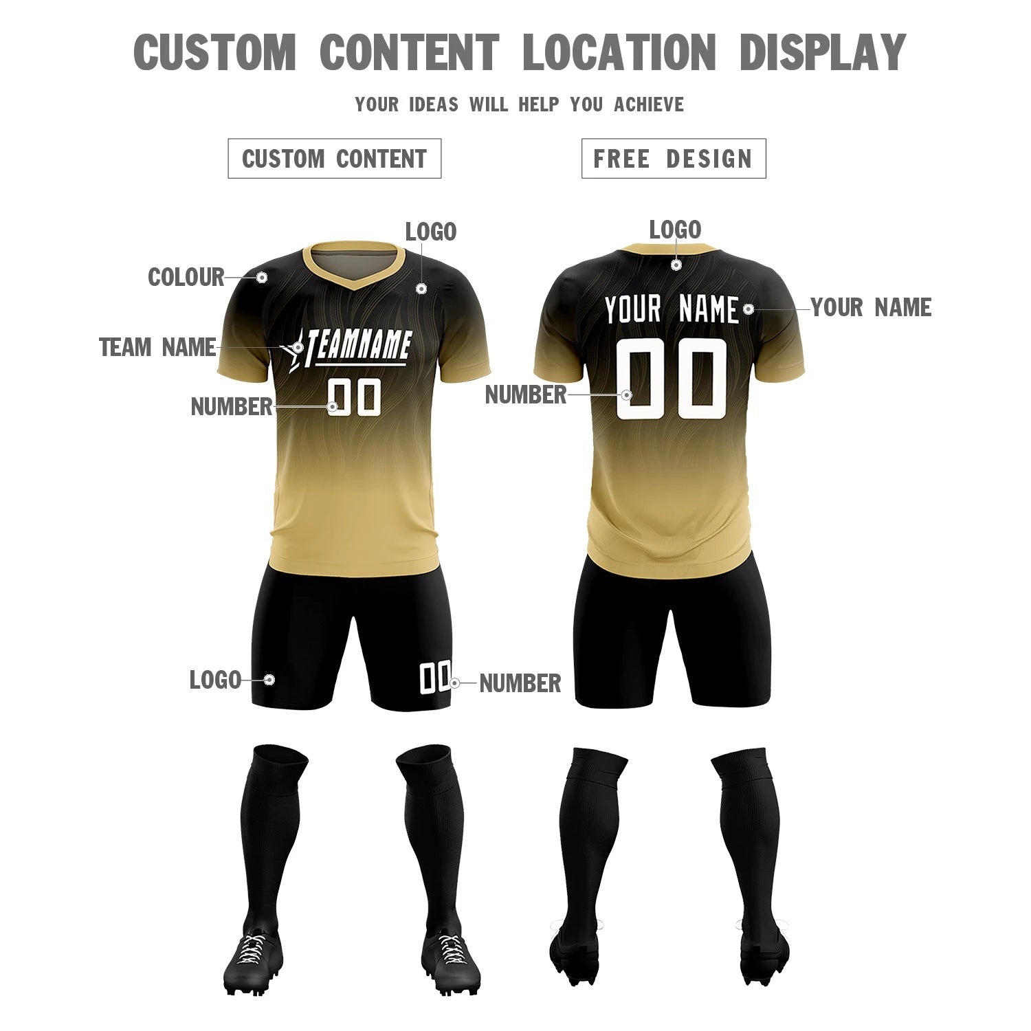 Custom Black Khaki Printing Sportswear Soccer Sets Jersey