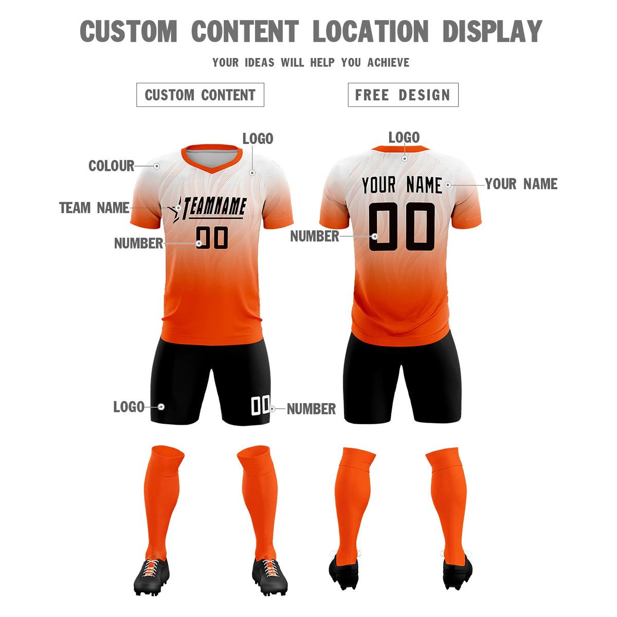 Custom White Orange Printing Sportswear Soccer Sets Jersey