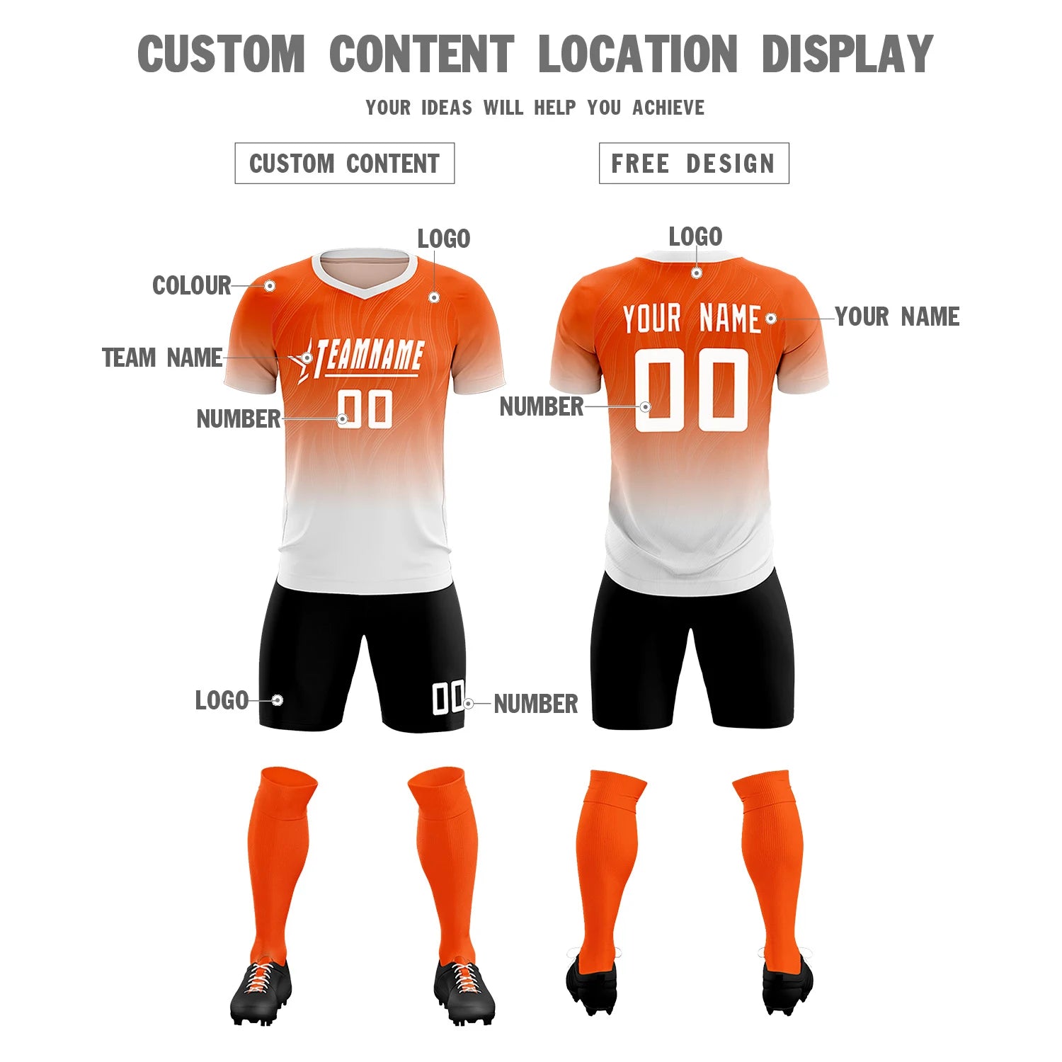 Custom Orange White Printing Sportswear Soccer Sets Jersey