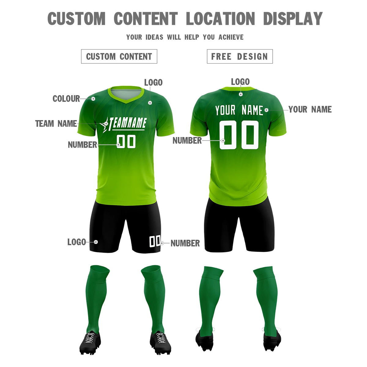 Custom Kelly Green Neon Green Printing Sportswear Soccer Sets Jersey