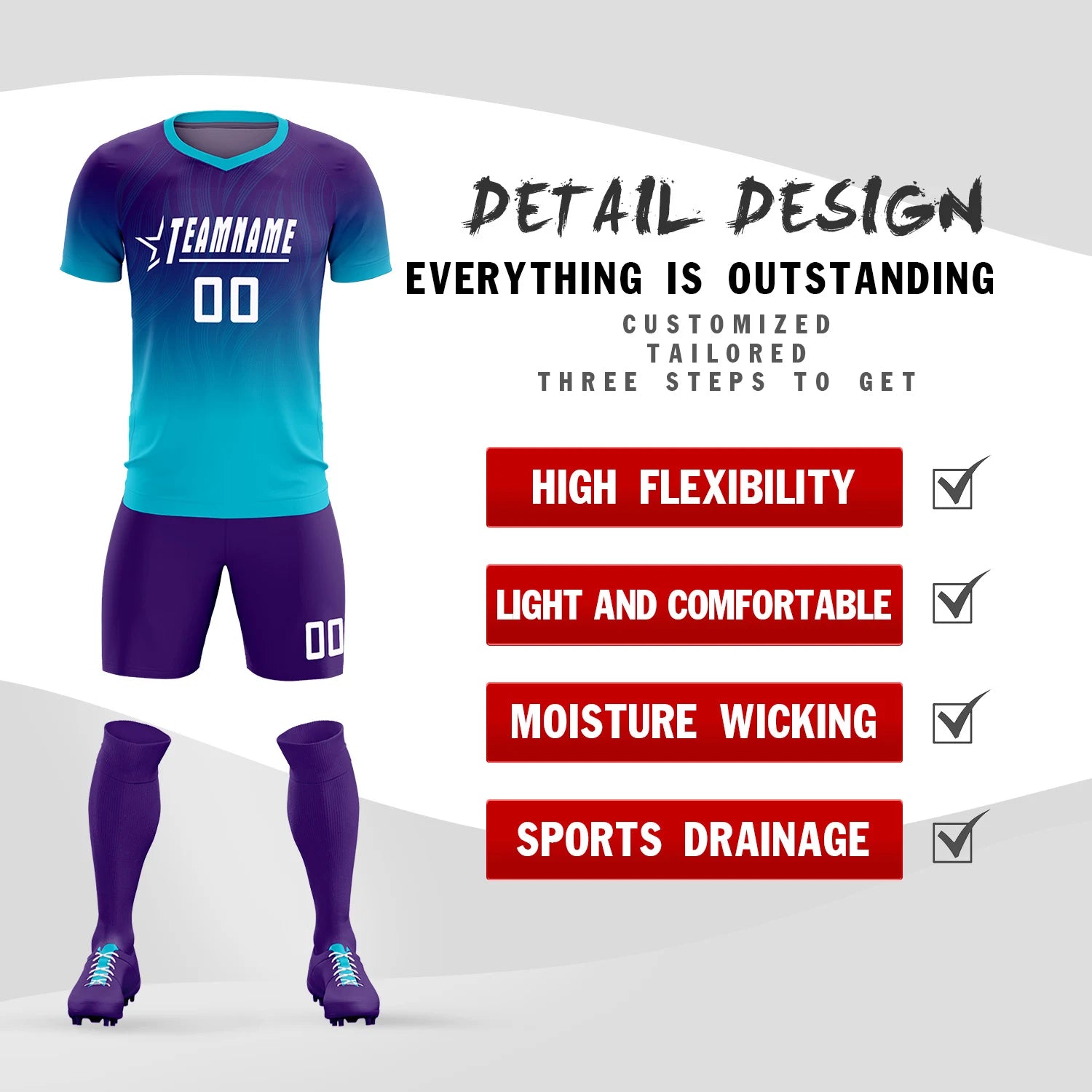 Custom Purple Sky Blue Printing Sportswear Soccer Sets Jersey