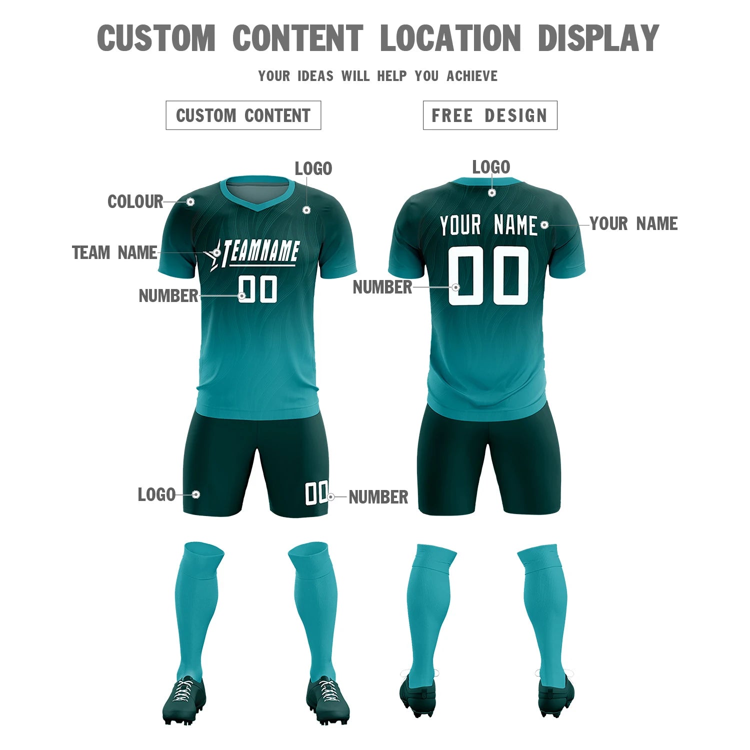 Custom Midnight Green Aqua Printing Sportswear Soccer Sets Jersey