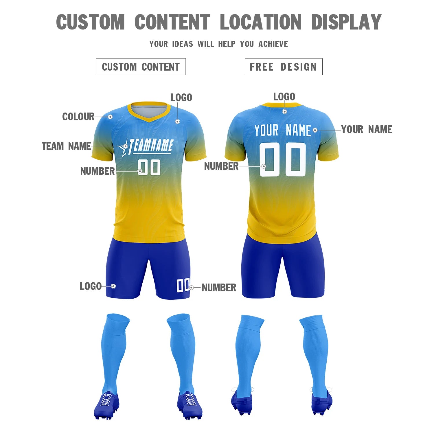 Custom Powder Blue Gold01 Printing Sportswear Soccer Sets Jersey