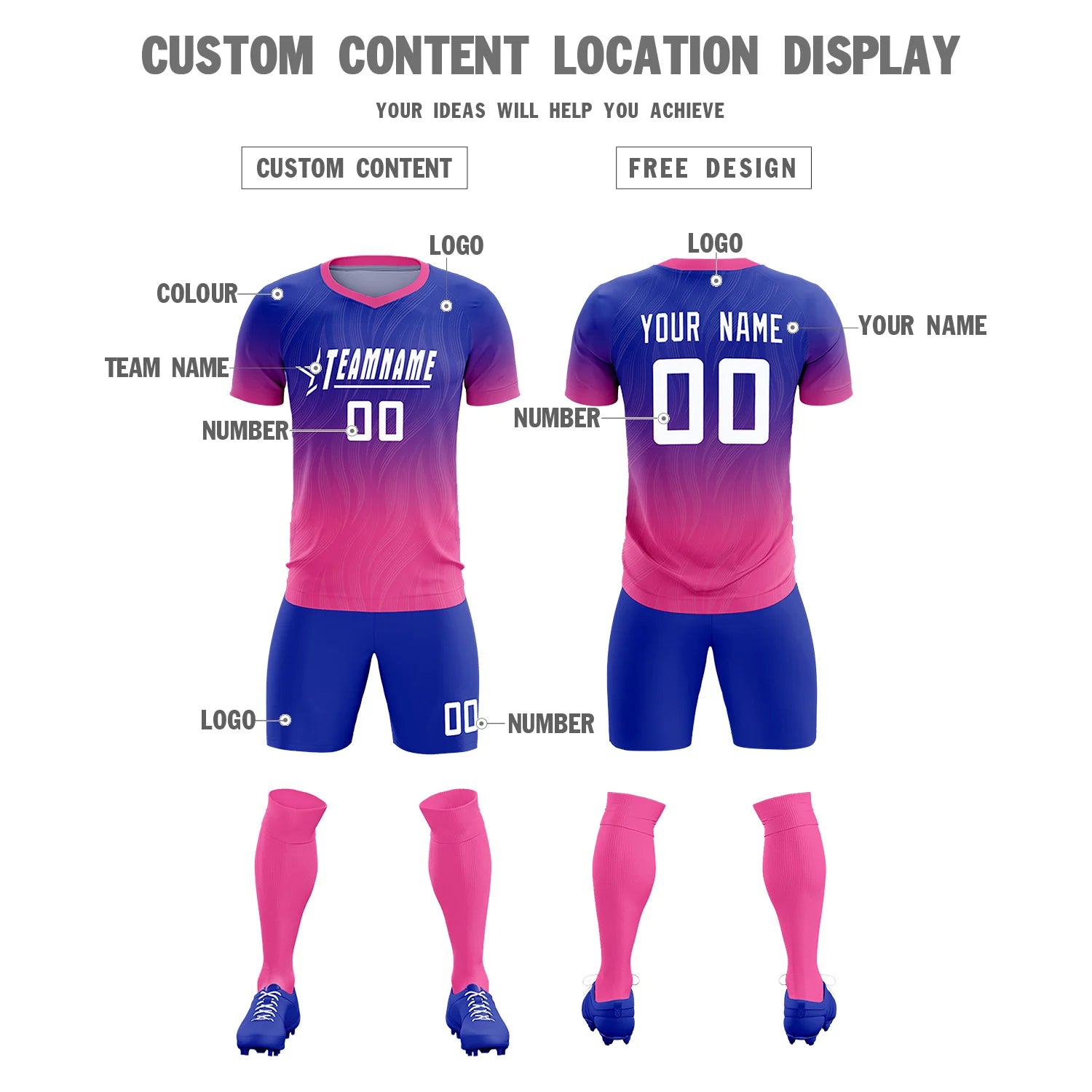 Custom Royal Blue Pink Printing Sportswear Soccer Sets Jersey