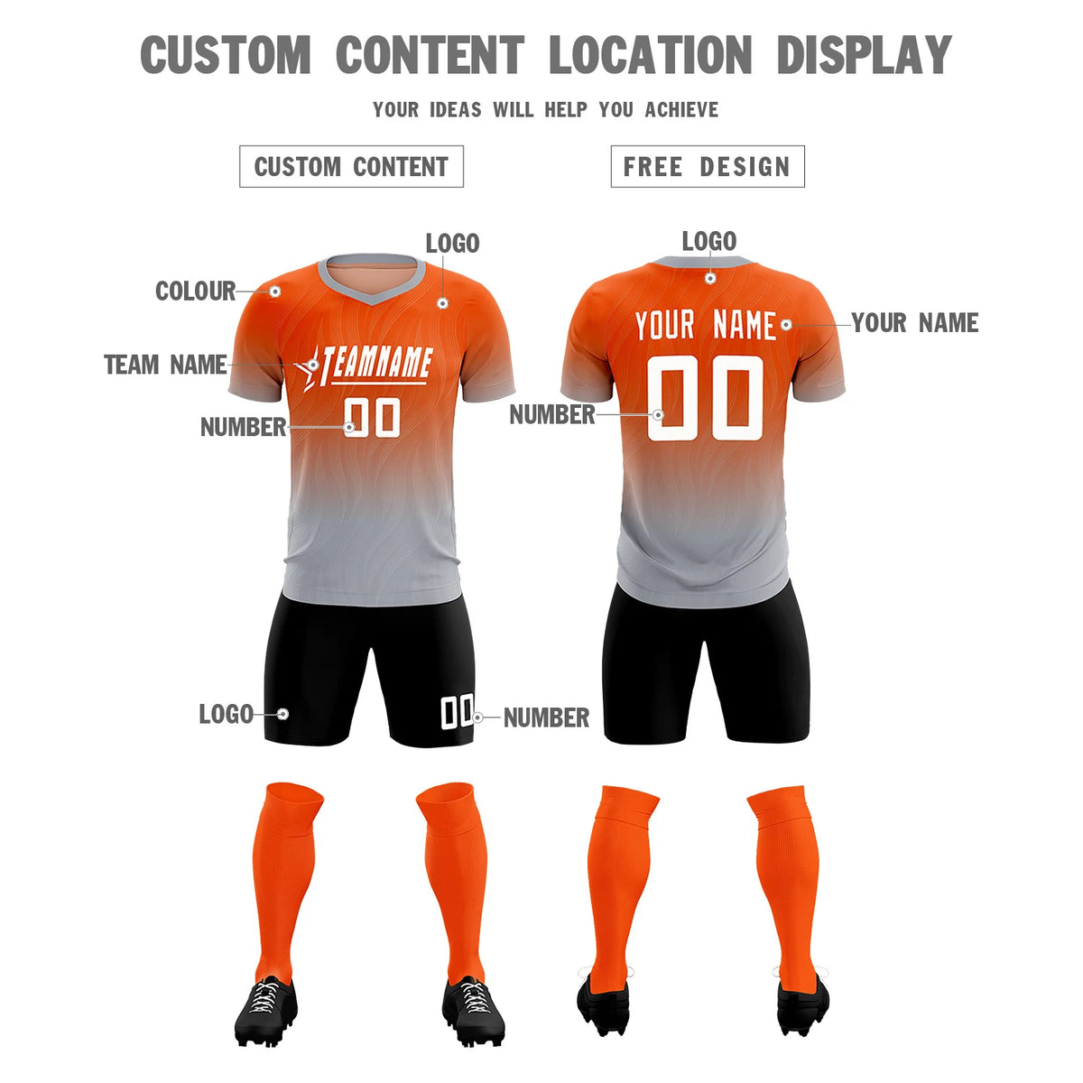 Custom Orange Gray Printing Sportswear Soccer Sets Jersey