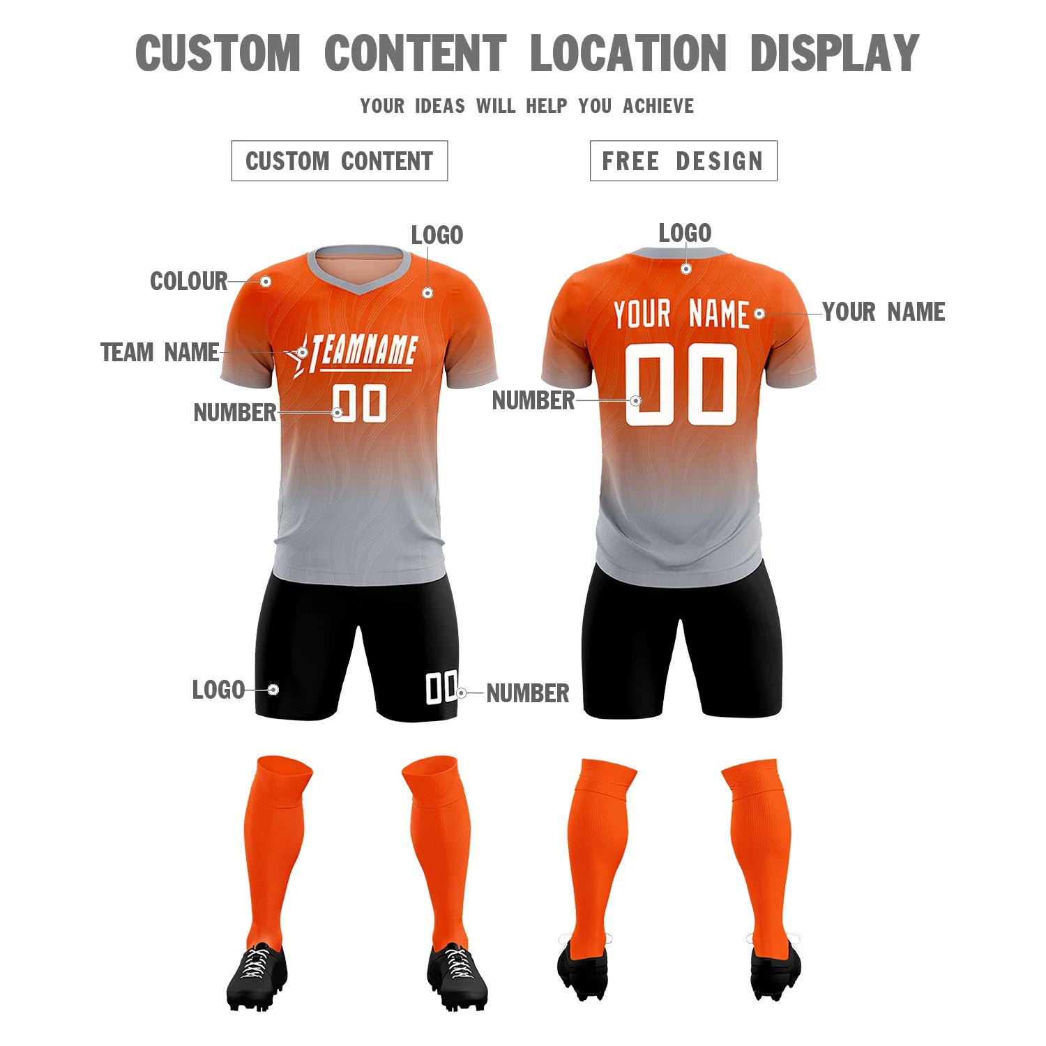 Custom Orange Gray Printing Sportswear Soccer Sets Jersey