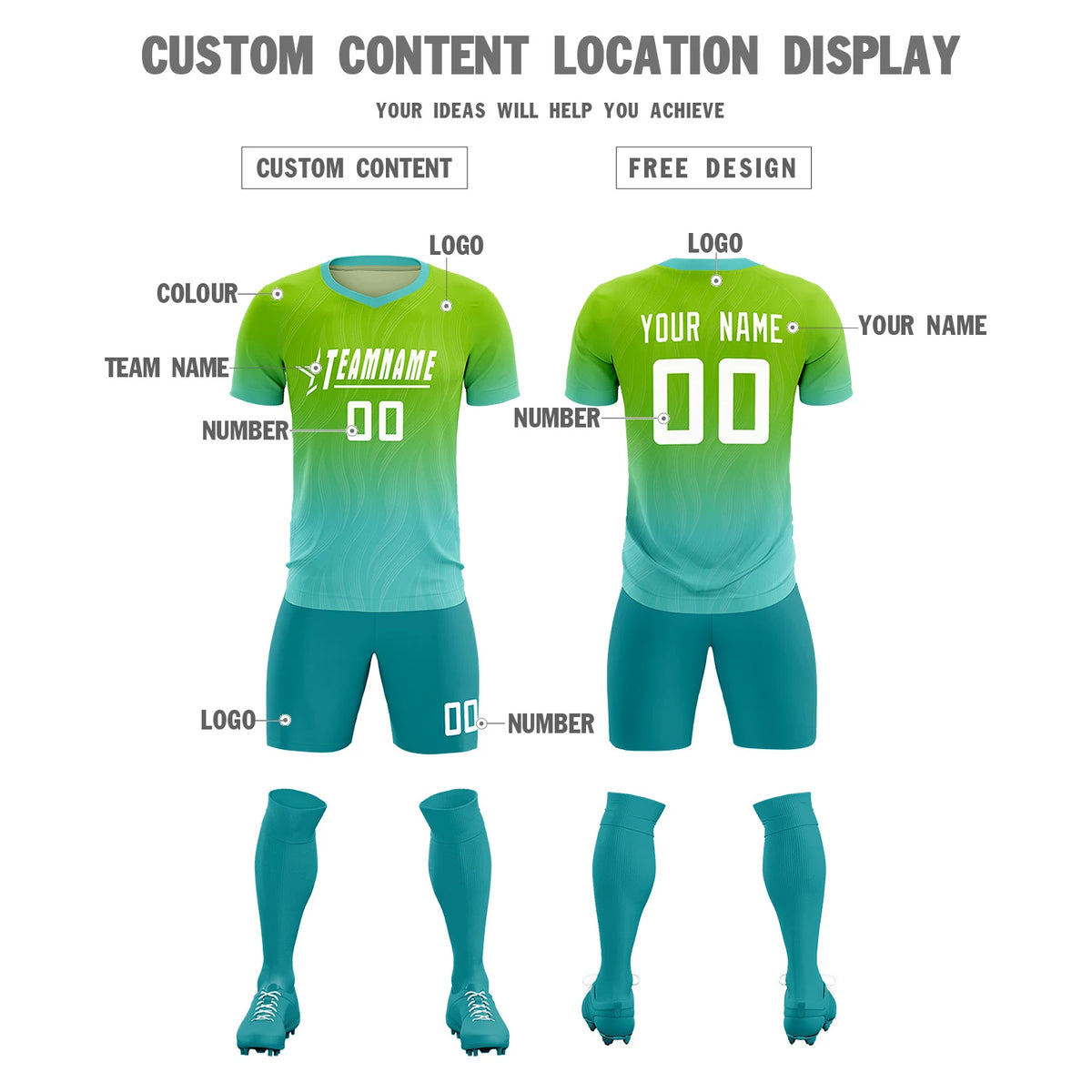 Custom Neon Green Aqua Printing Sportswear Soccer Sets Jersey