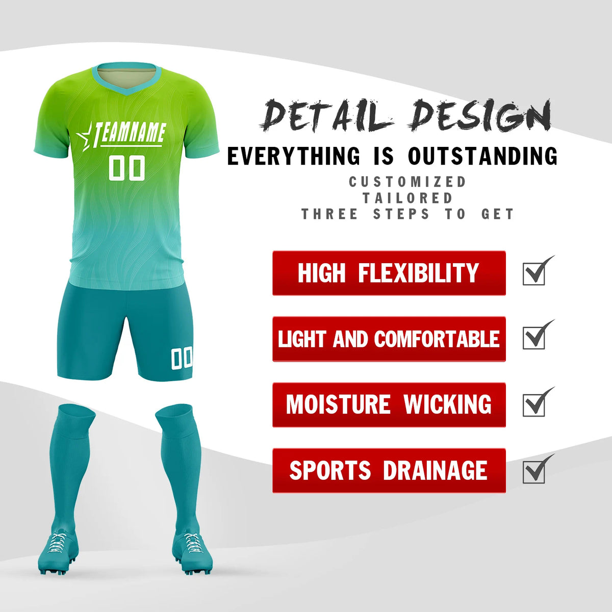 Custom Neon Green Aqua Printing Sportswear Soccer Sets Jersey