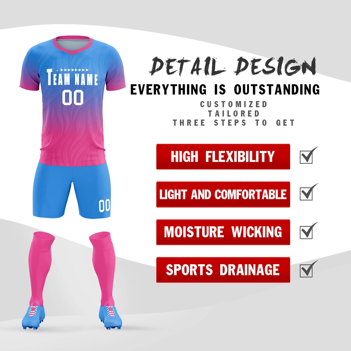 Custom Powder Blue Pink Printing Sportswear Soccer Sets Jersey