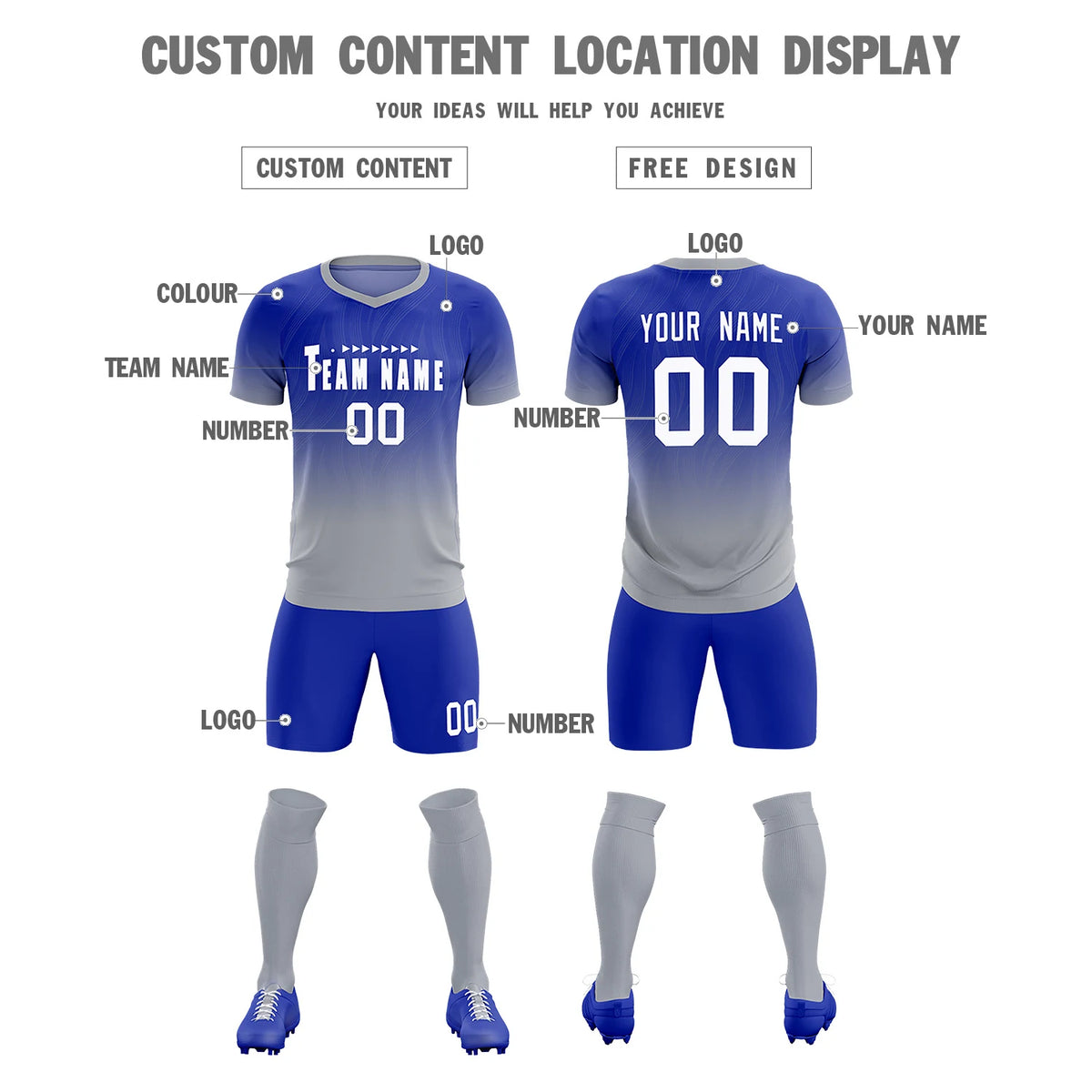 Custom Royal Blue Gray Printing Sportswear Soccer Sets Jersey