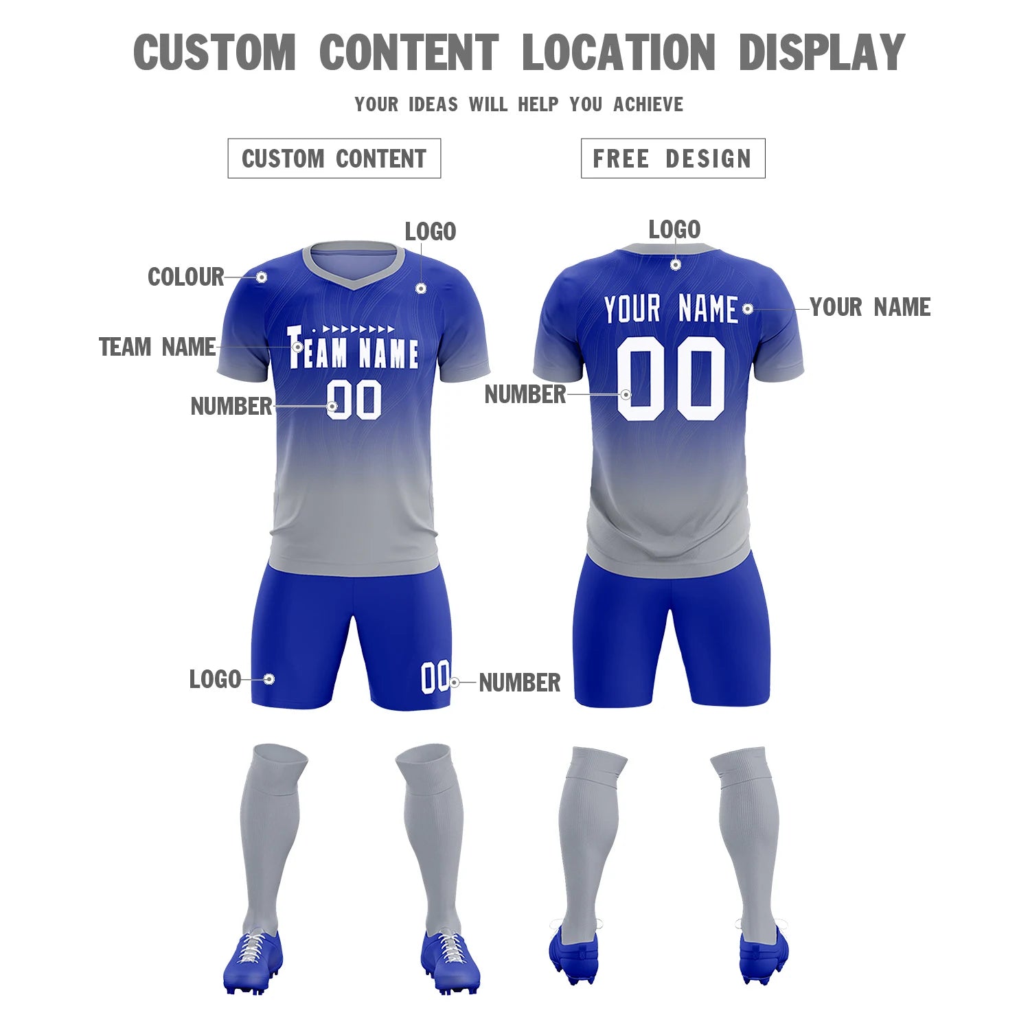 Custom Royal Blue Gray Printing Sportswear Soccer Sets Jersey