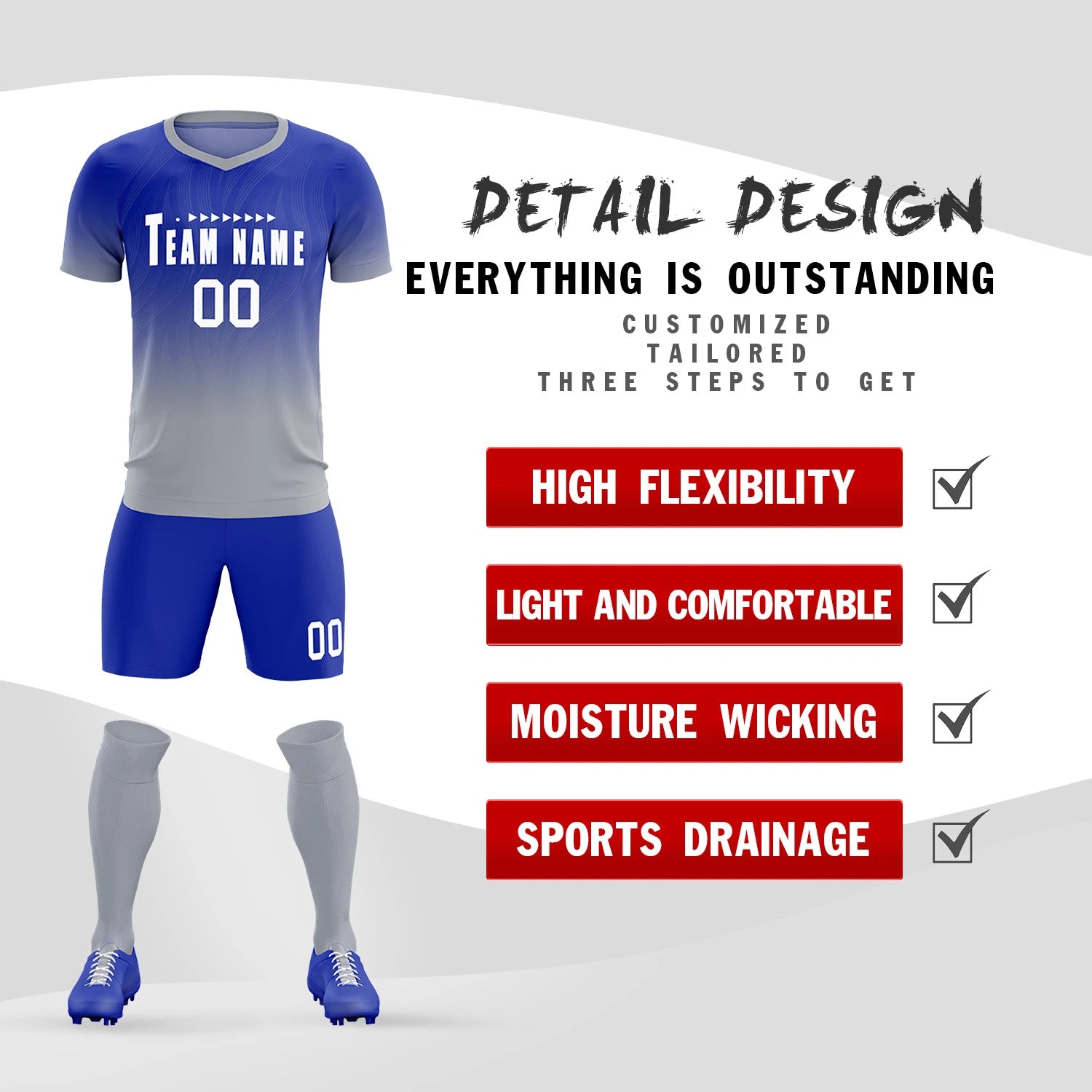 Custom Royal Blue Gray Printing Sportswear Soccer Sets Jersey