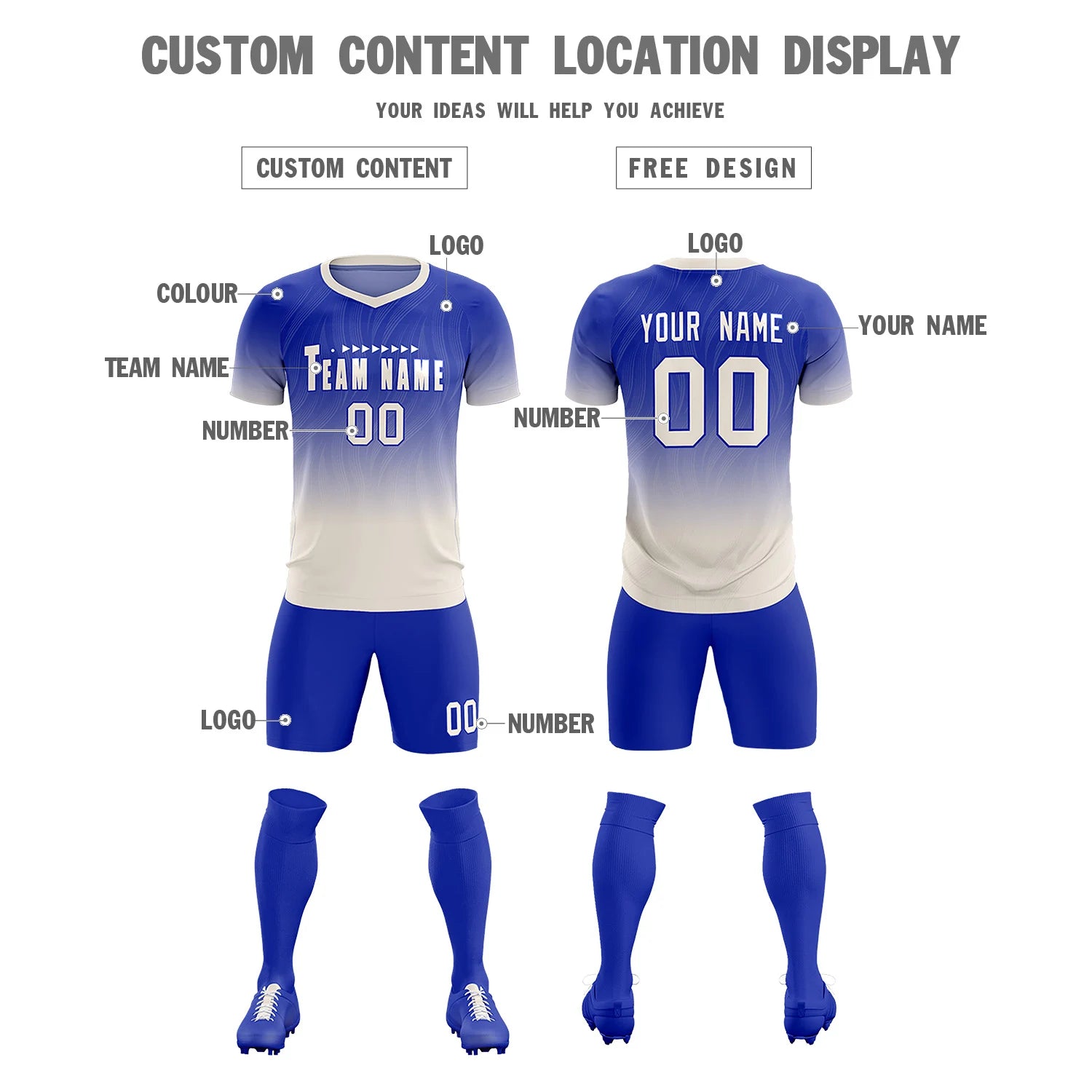 Custom Royal Blue Khaki Printing Sportswear Soccer Sets Jersey