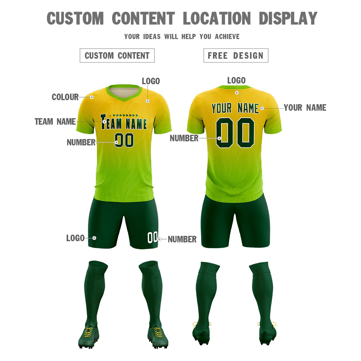 Custom Gold01 Neon Green Printing Sportswear Soccer Sets Jersey