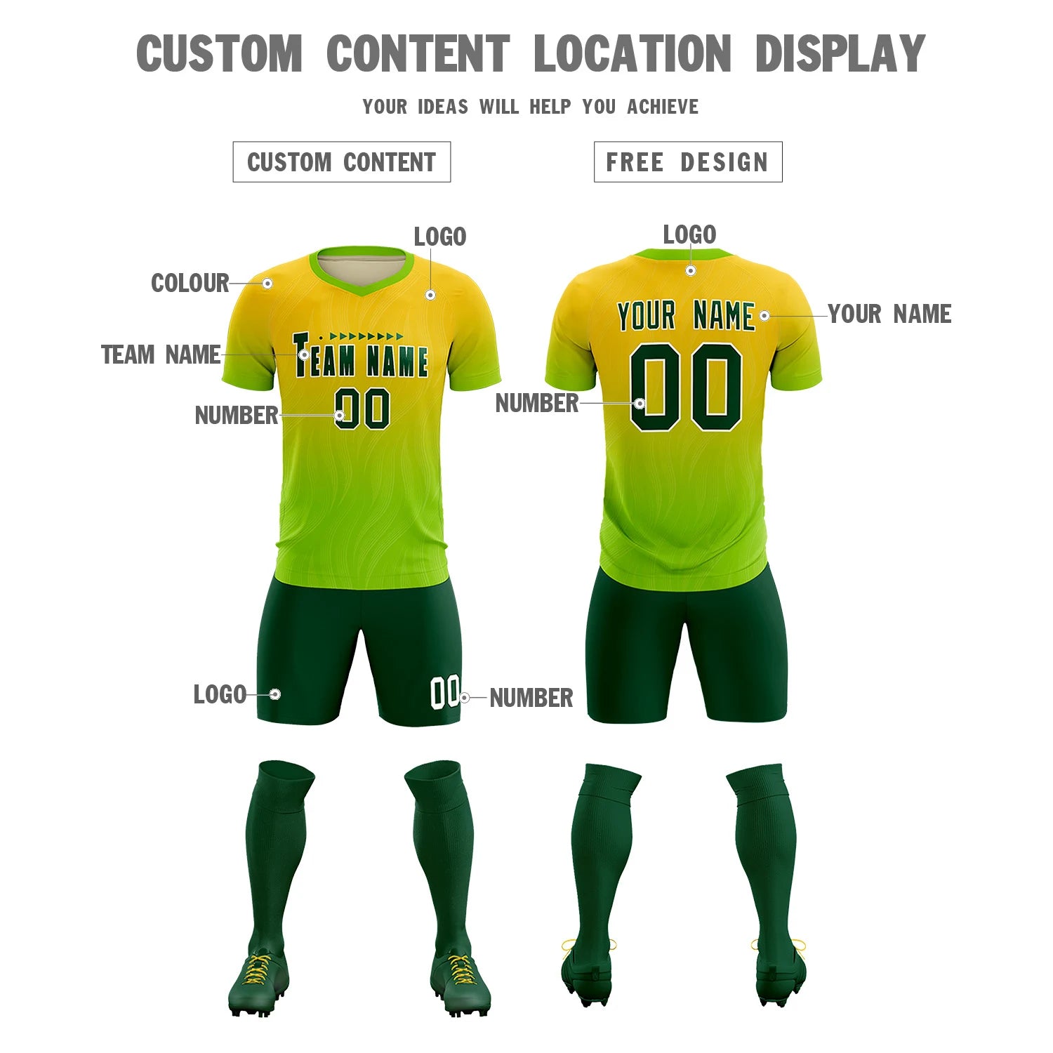 Custom Gold01 Neon Green Printing Sportswear Soccer Sets Jersey