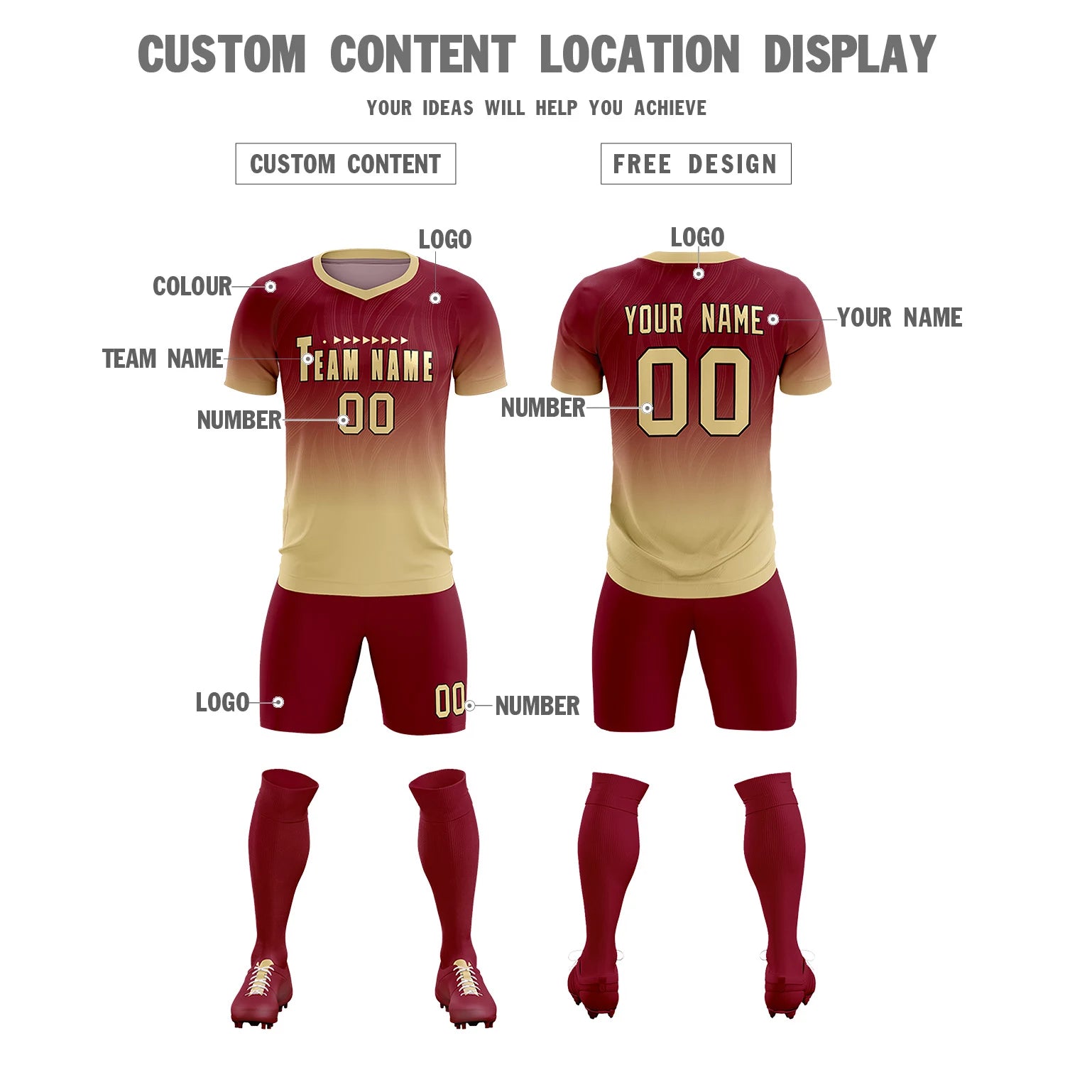 Custom Crimson Khaki Printing Sportswear Soccer Sets Jersey