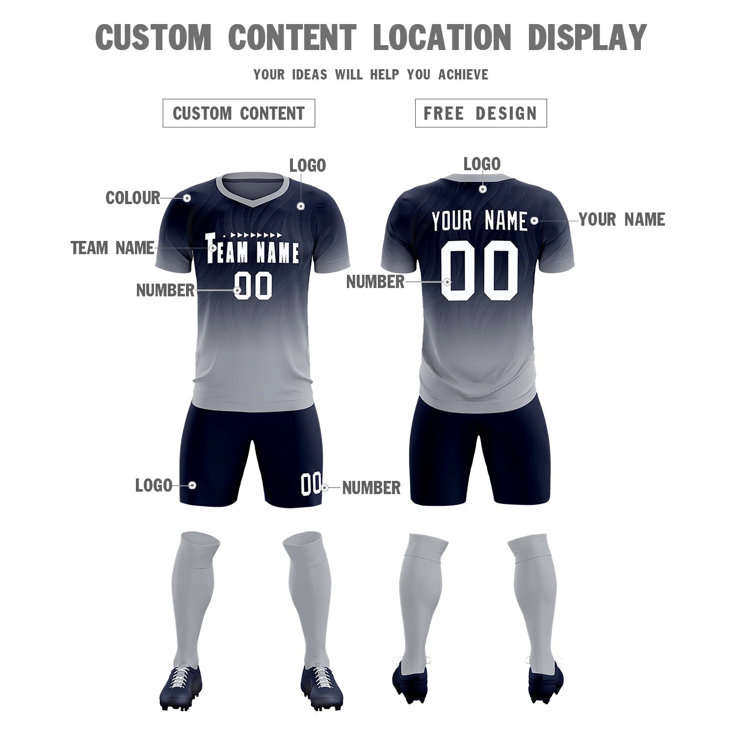 Custom Navy Gray Printing Sportswear Soccer Sets Jersey