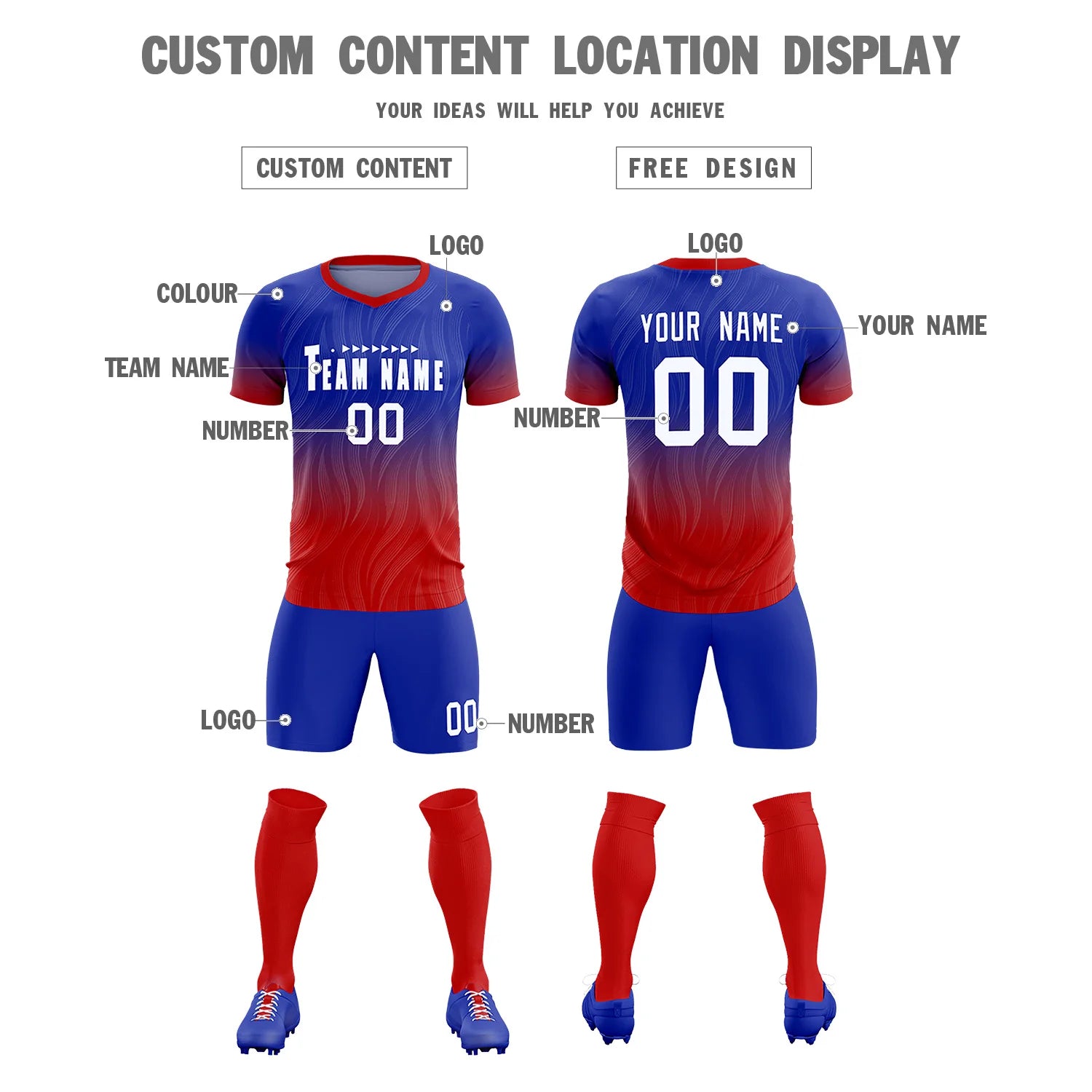 Custom Royal Blue Red Printing Sportswear Soccer Sets Jersey