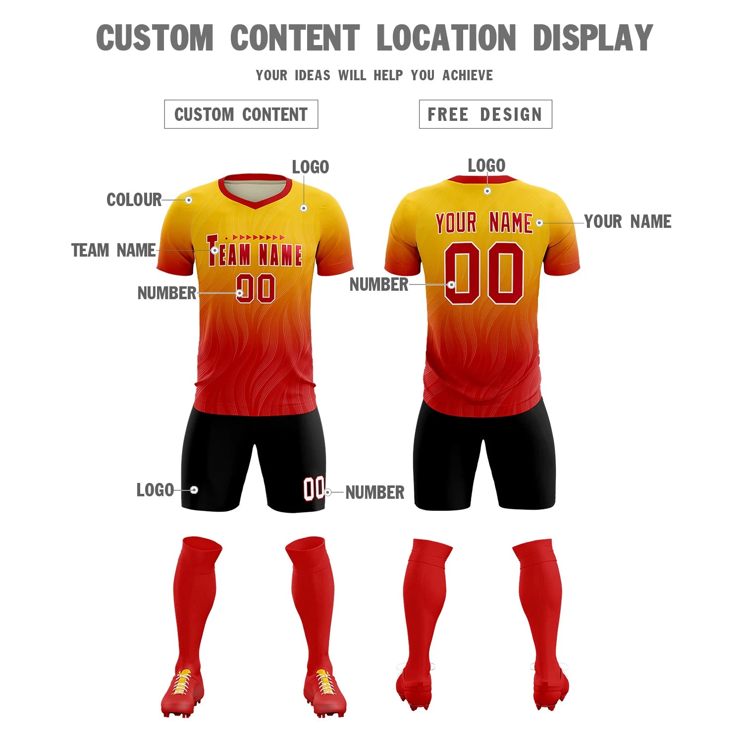 Custom Gold01 Red Printing Sportswear Soccer Sets Jersey