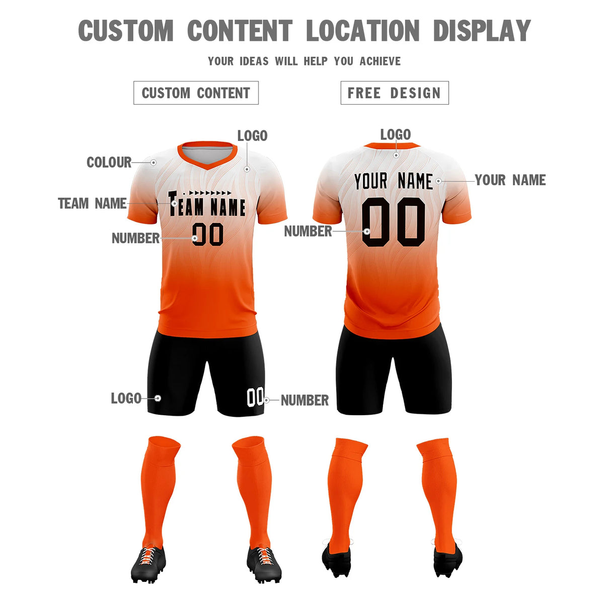 Custom White Orange Printing Sportswear Soccer Sets Jersey
