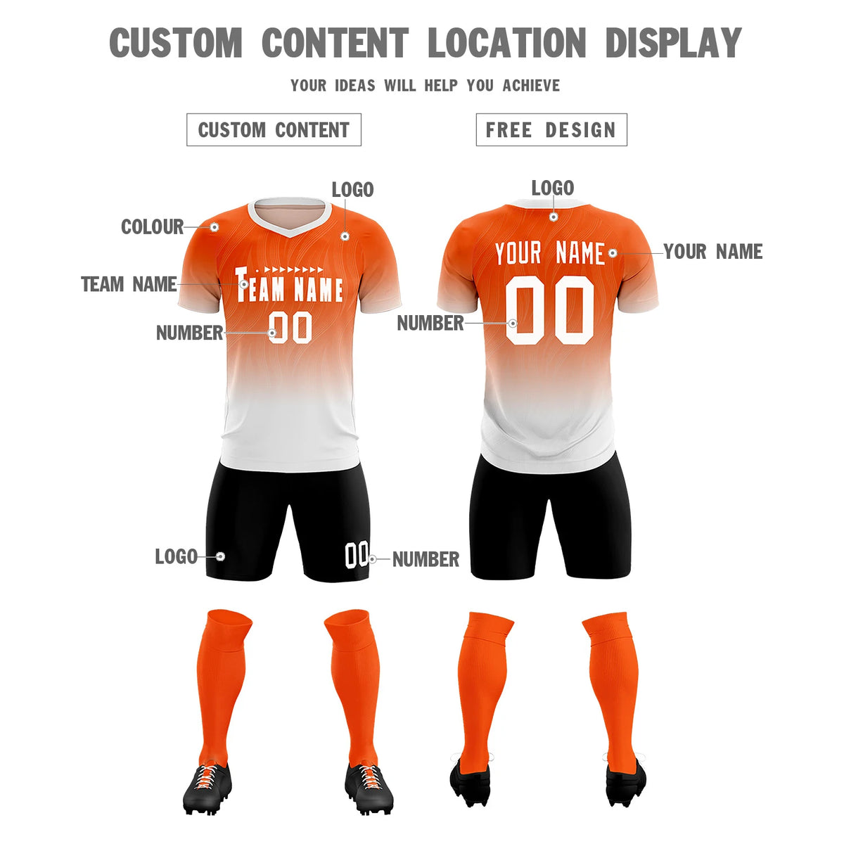 Custom Orange White Printing Sportswear Soccer Sets Jersey