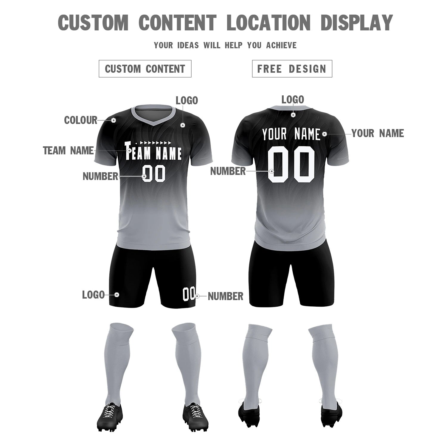 Custom Black Gray Printing Sportswear Soccer Sets Jersey