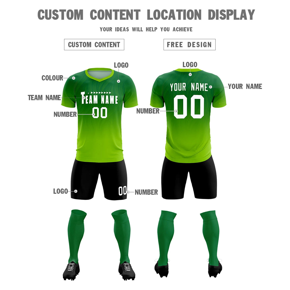 Custom Kelly Green Neon Green Printing Sportswear Soccer Sets Jersey