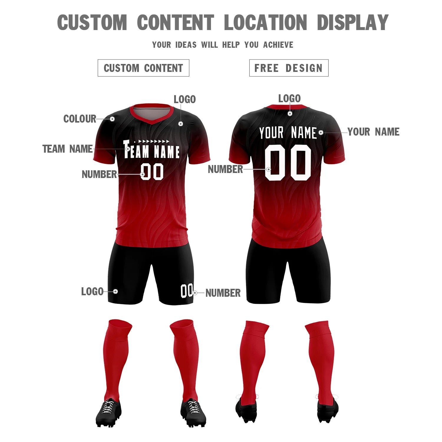 Custom Black Red Printing Sportswear Soccer Sets Jersey