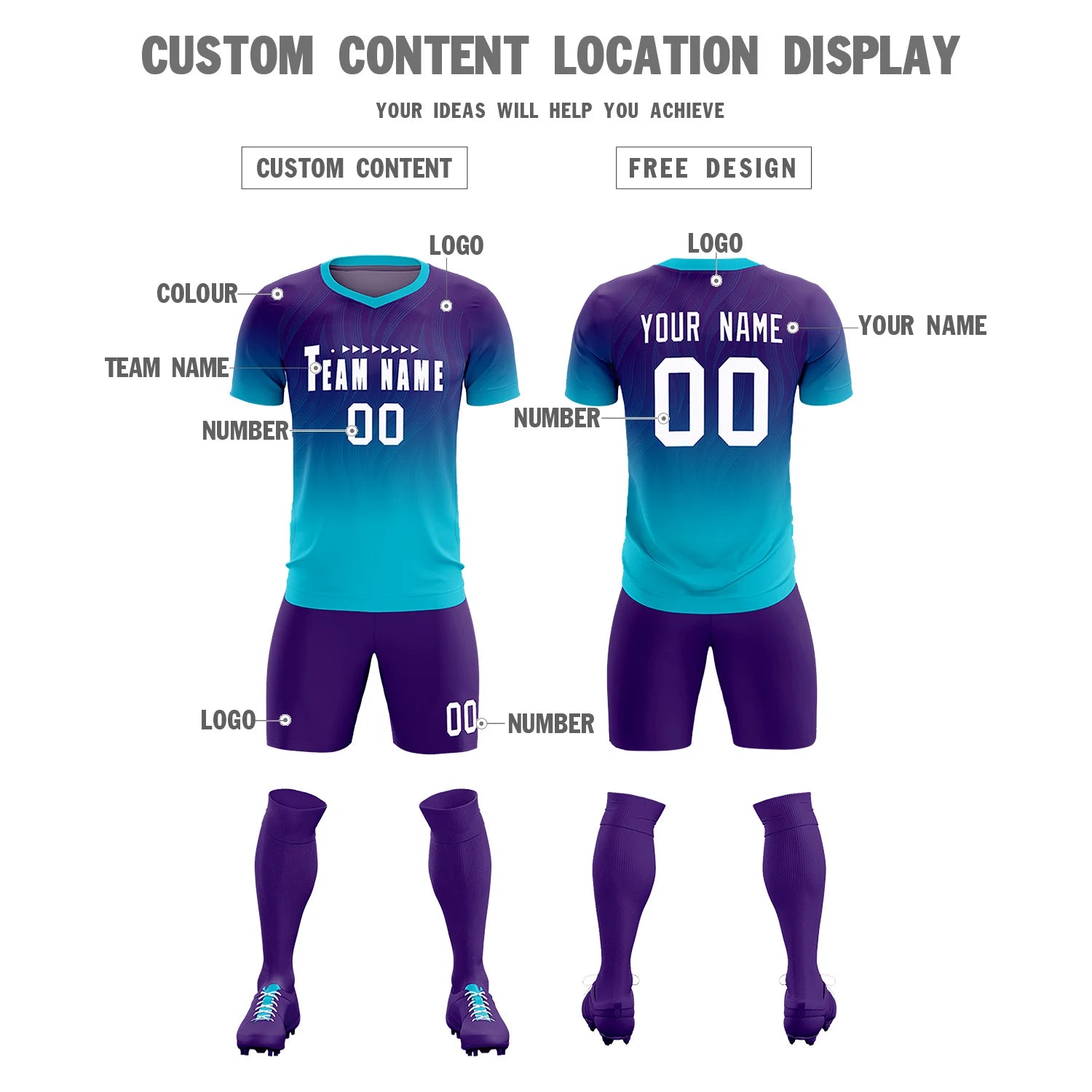 Custom Purple Sky Blue Printing Sportswear Soccer Sets Jersey