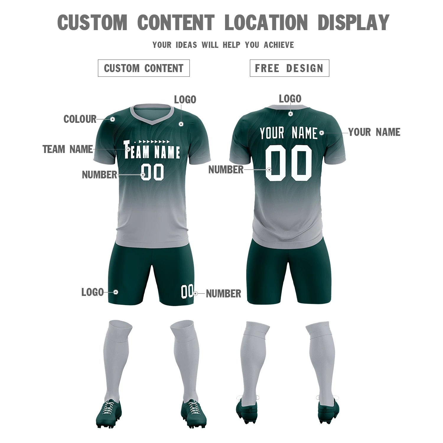 Custom Midnight Green Gray Printing Sportswear Soccer Sets Jersey