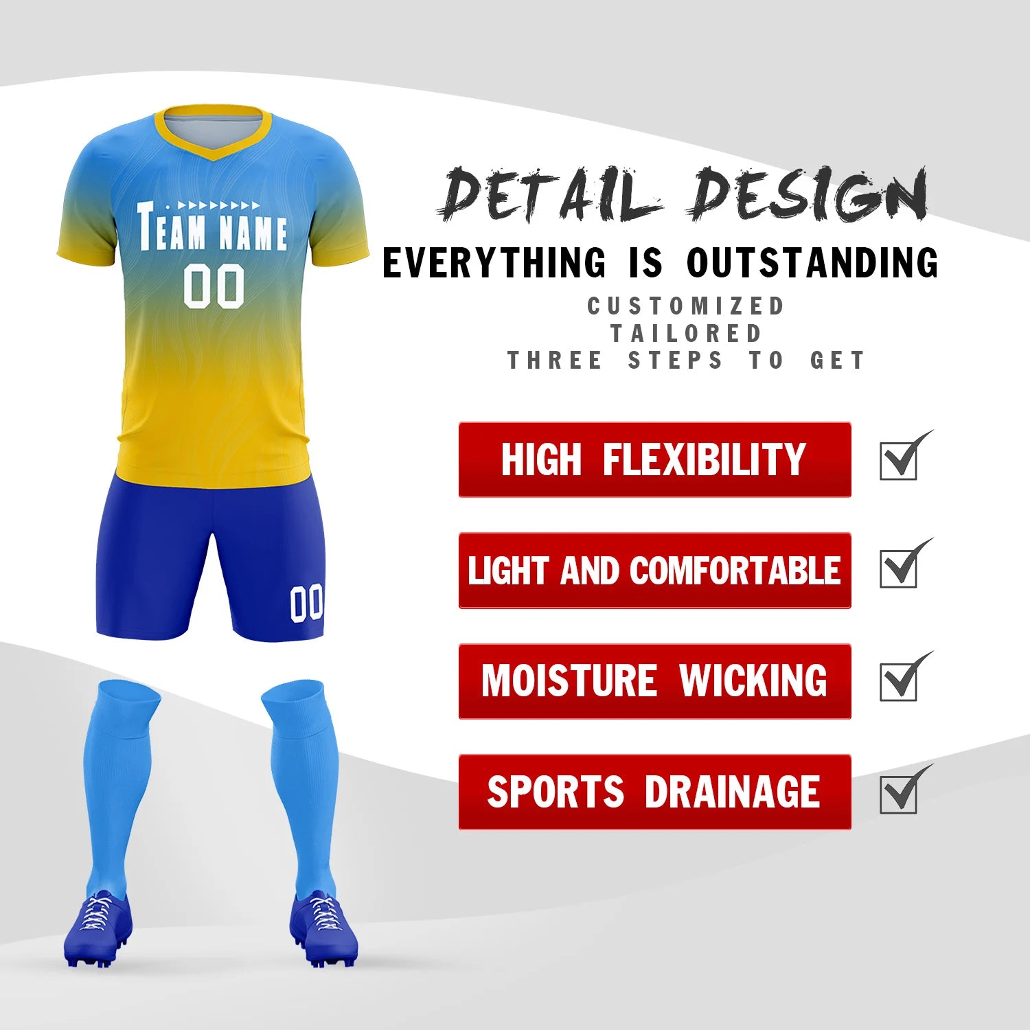 Custom Powder Blue Gold01 Printing Sportswear Soccer Sets Jersey