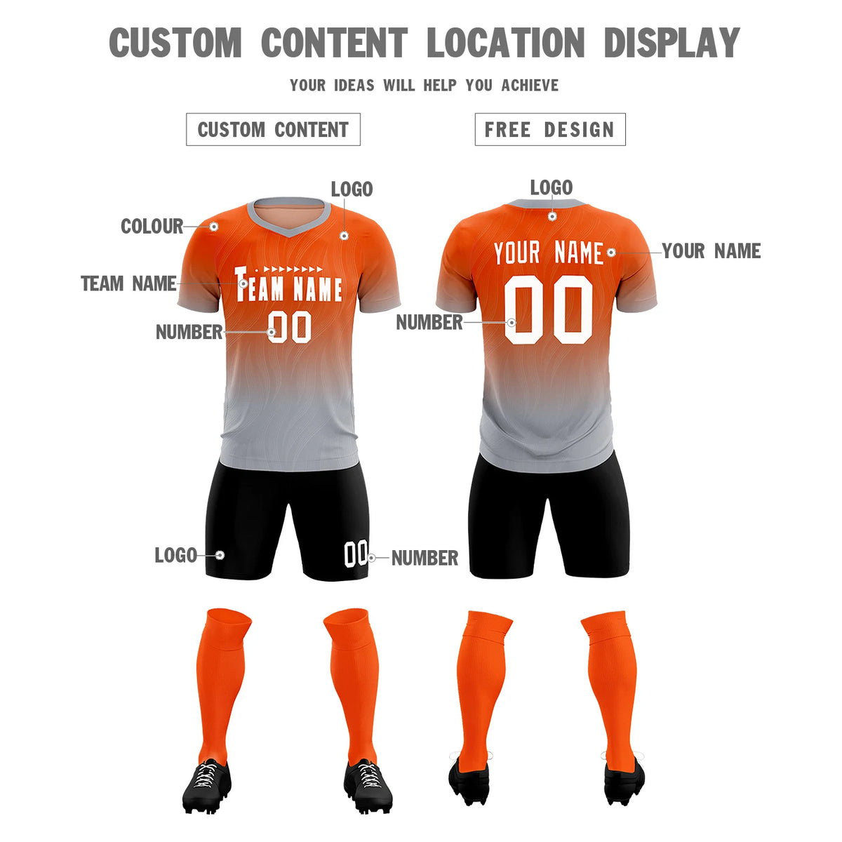 Custom Orange Gray Printing Sportswear Soccer Sets Jersey