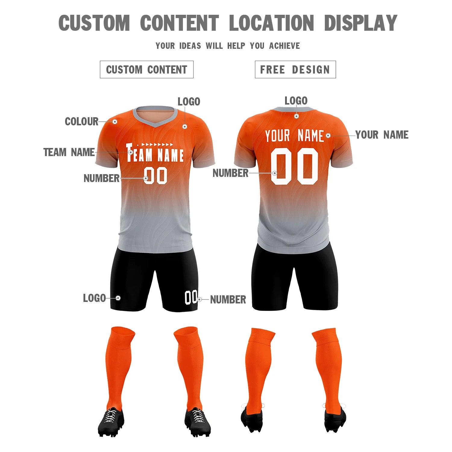 Custom Orange Gray Printing Sportswear Soccer Sets Jersey