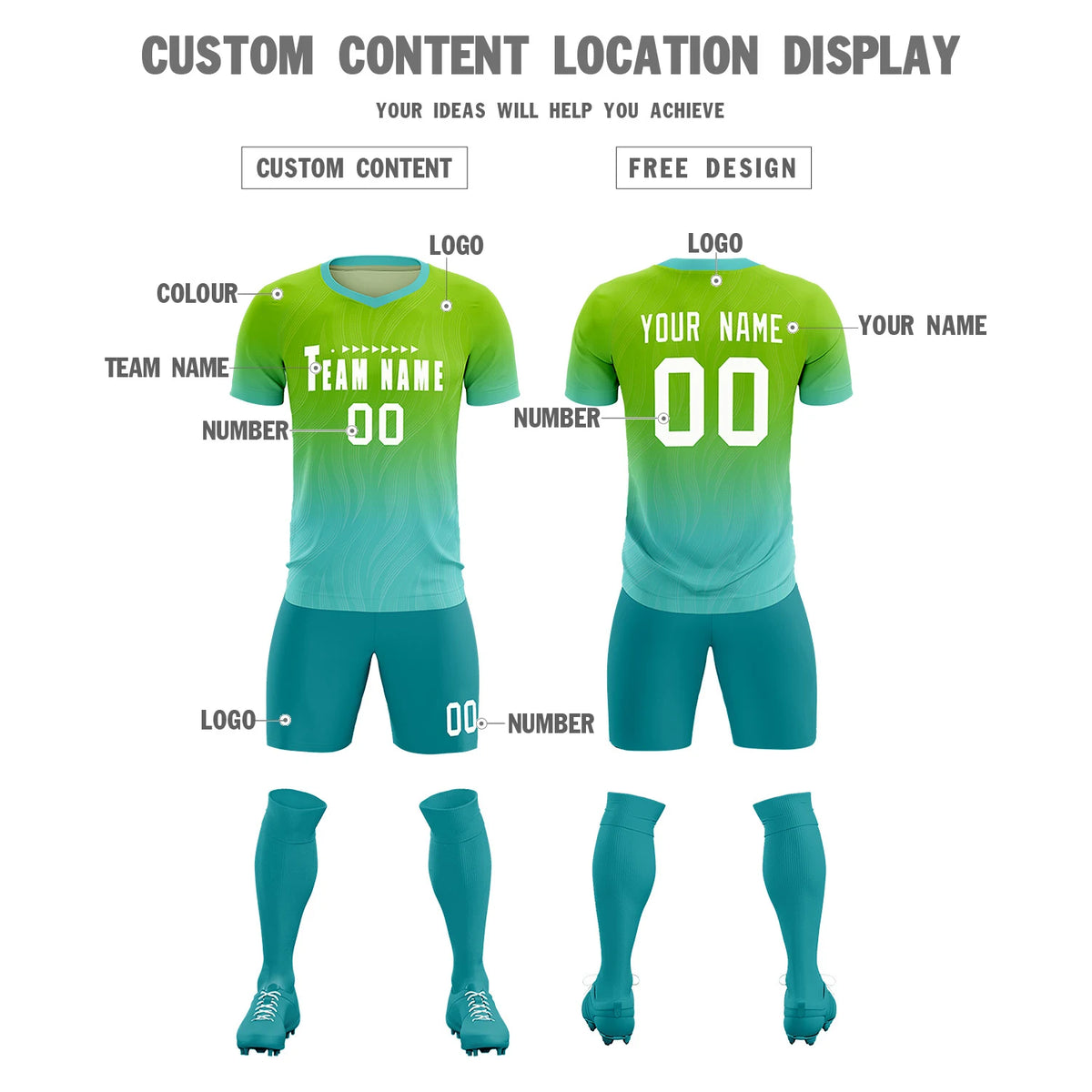 Custom Neon Green Aqua Printing Sportswear Soccer Sets Jersey