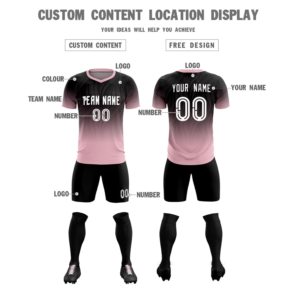 Custom Black Light Pink Printing Sportswear Soccer Sets Jersey