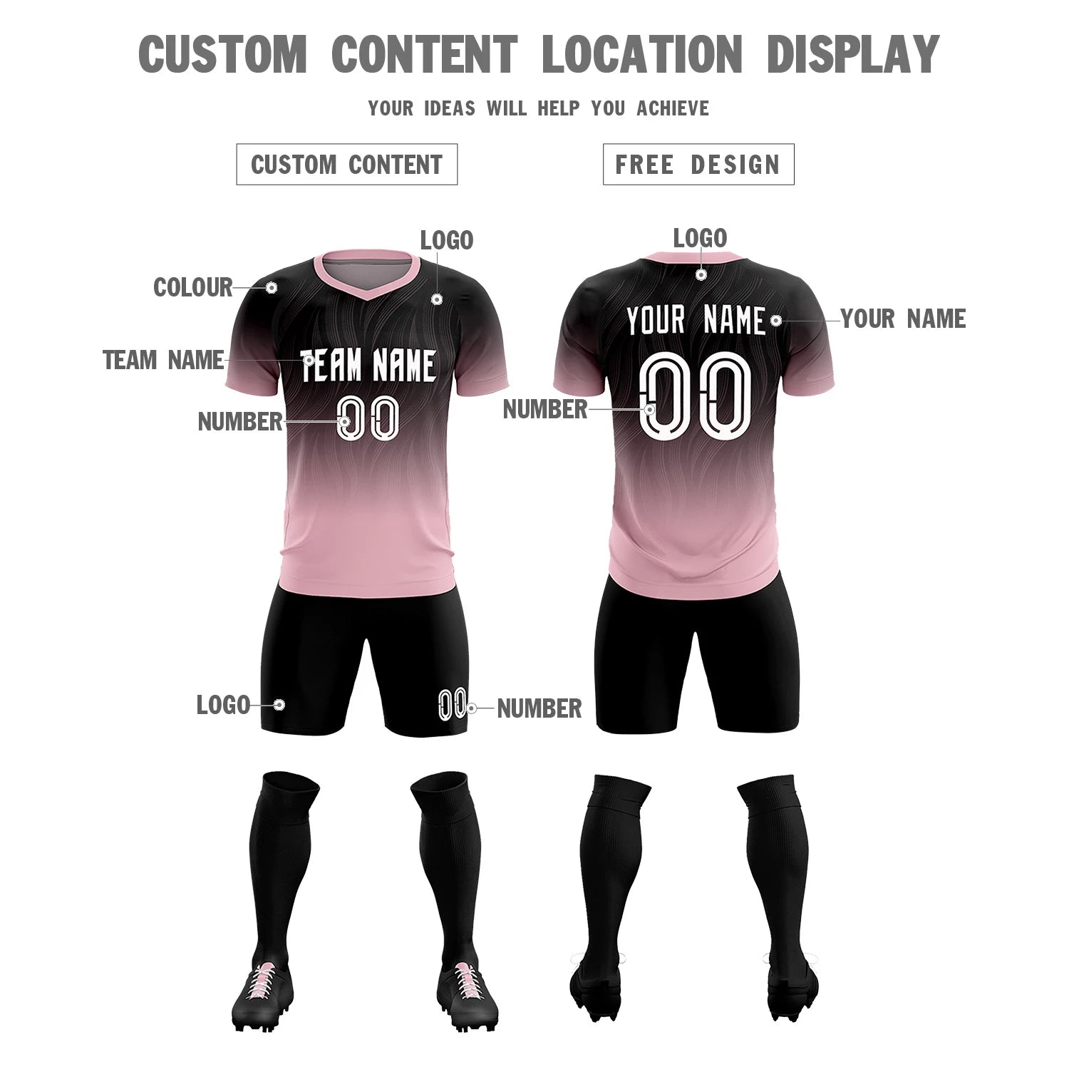 Custom Black Light Pink Printing Sportswear Soccer Sets Jersey