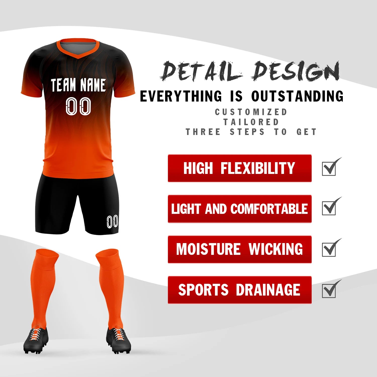 Custom Black Orange Printing Sportswear Soccer Sets Jersey