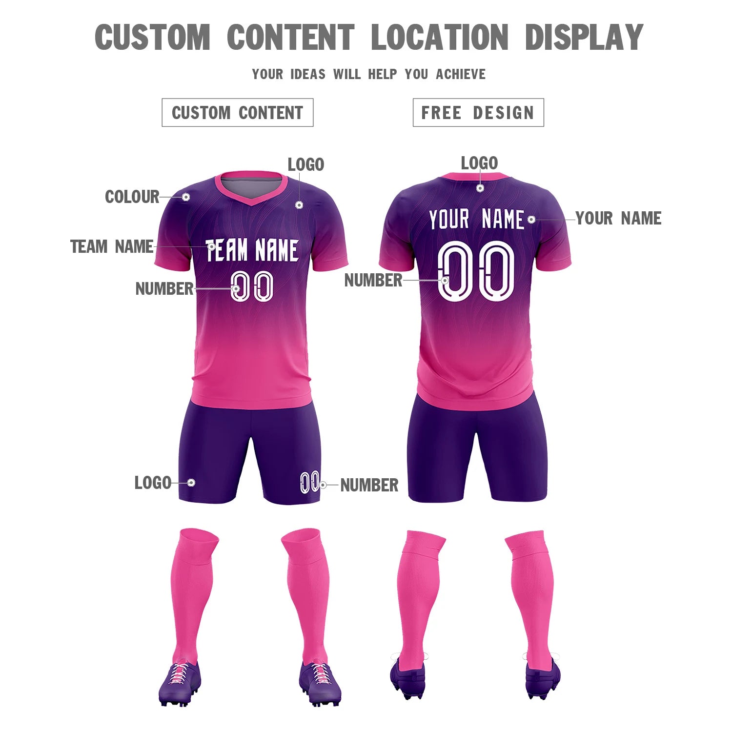 Custom Purple Pink Printing Sportswear Soccer Sets Jersey