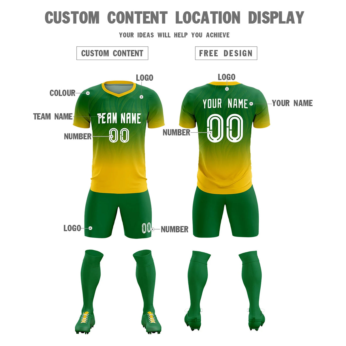 Custom Kelly Green Gold01 Printing Sportswear Soccer Sets Jersey