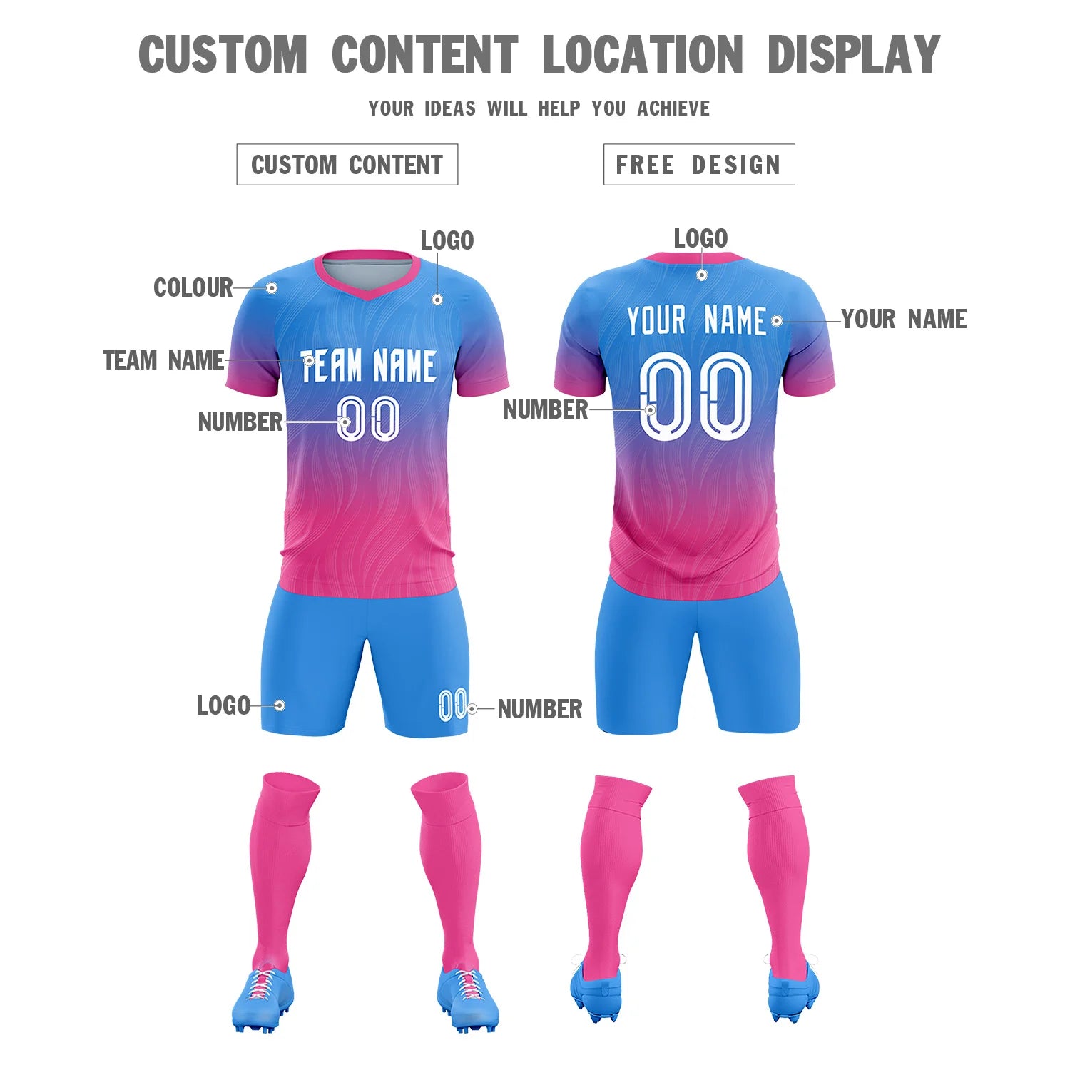 Custom Powder Blue Pink Printing Sportswear Soccer Sets Jersey