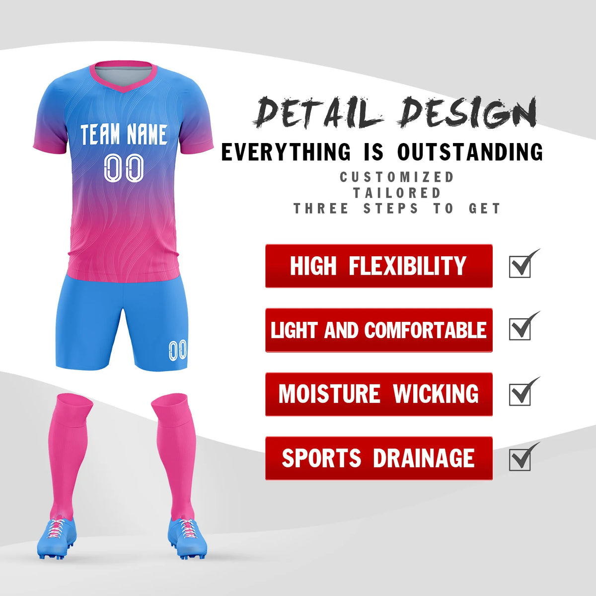 Custom Powder Blue Pink Printing Sportswear Soccer Sets Jersey