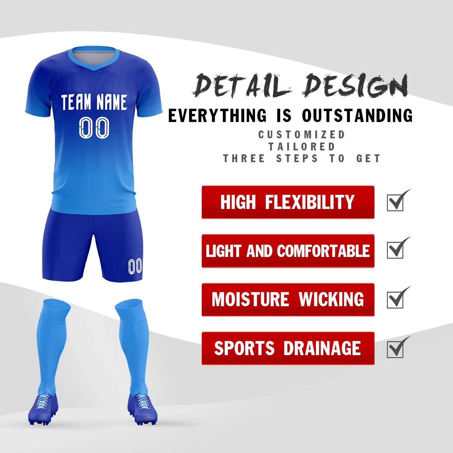 Custom Royal Blue Powder Blue Printing Sportswear Soccer Sets Jersey