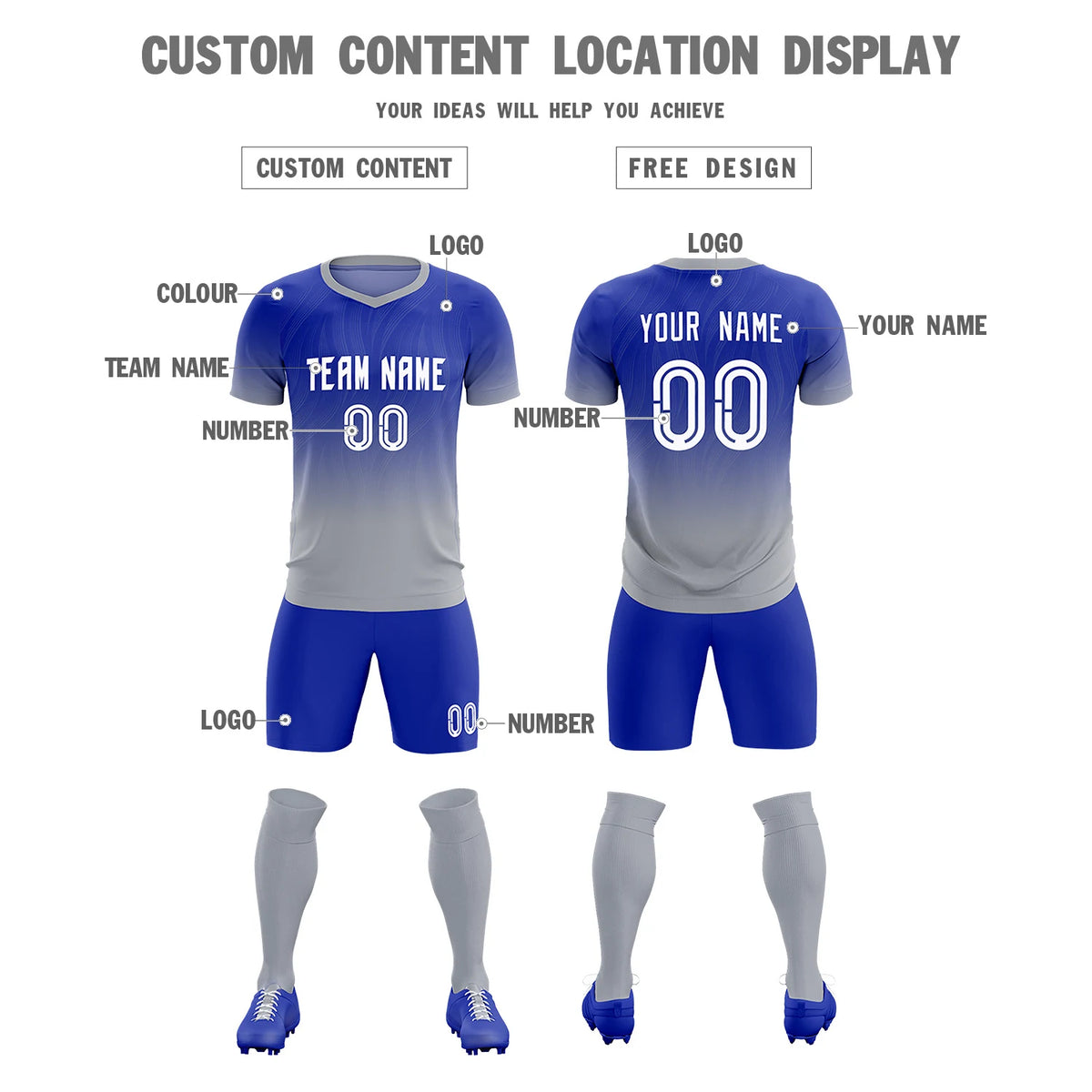 Custom Royal Blue Gray Printing Sportswear Soccer Sets Jersey