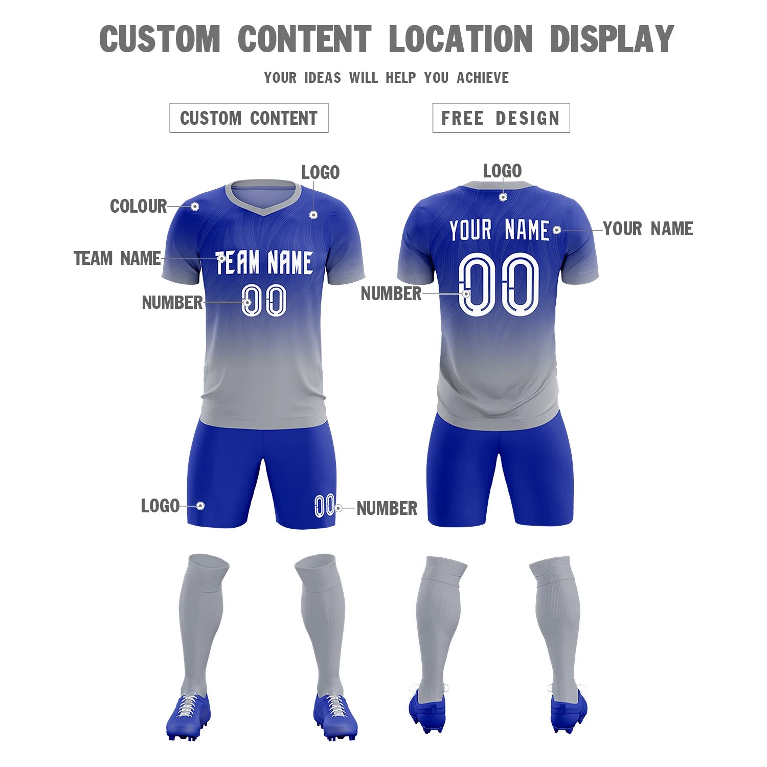 Custom Royal Blue Gray Printing Sportswear Soccer Sets Jersey
