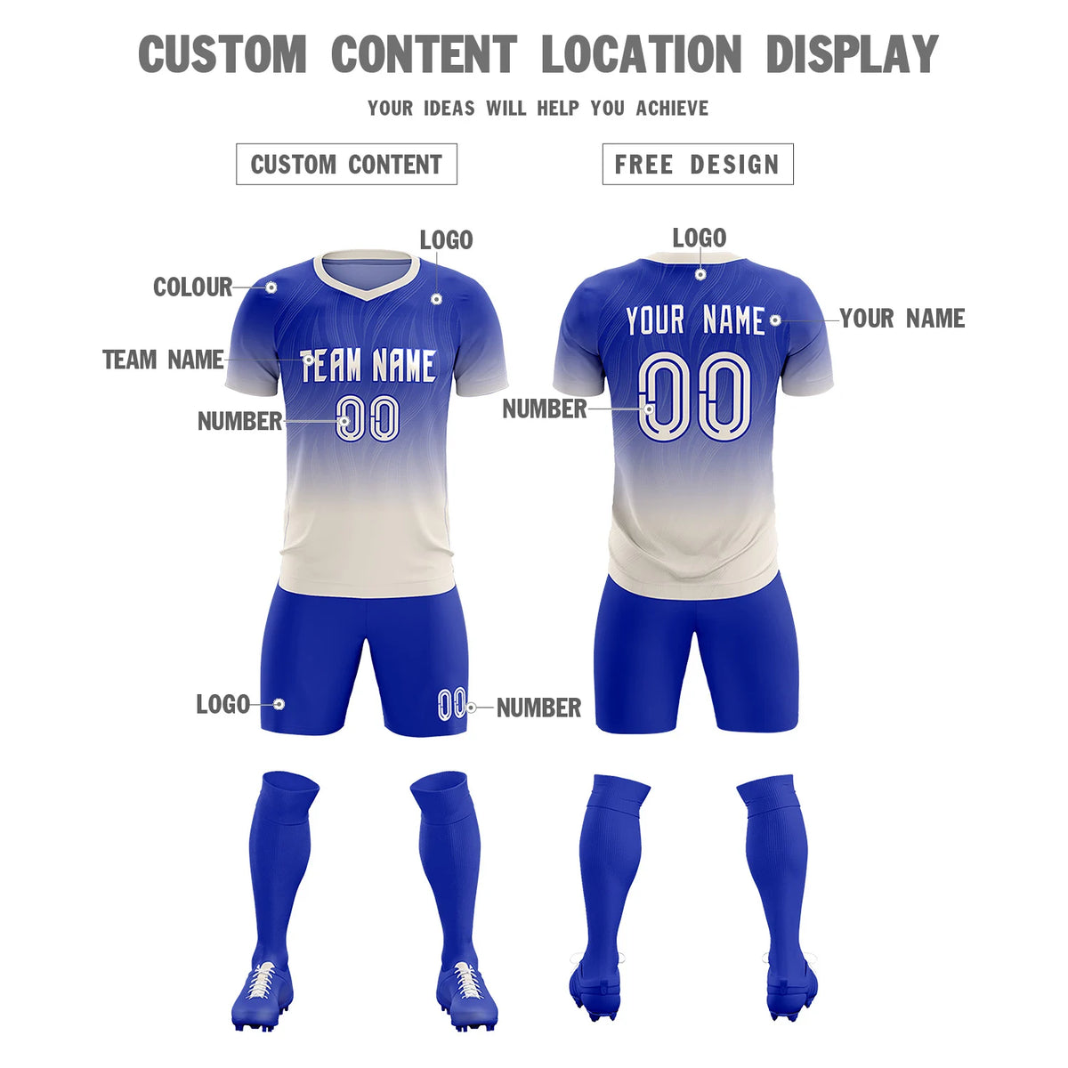 Custom Royal Blue Khaki Printing Sportswear Soccer Sets Jersey