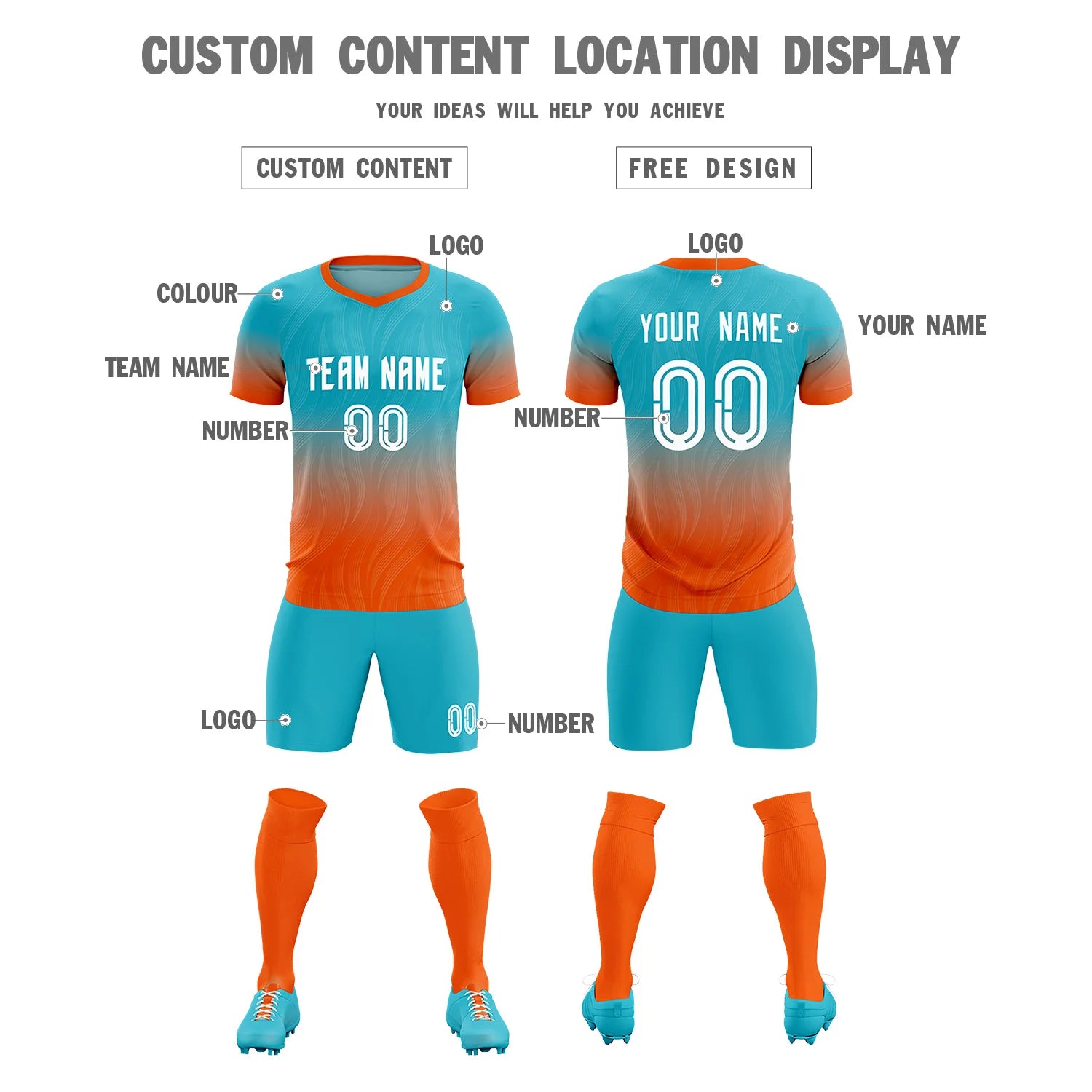 Custom SKy Blue Orange Printing Sportswear Soccer Sets Jersey