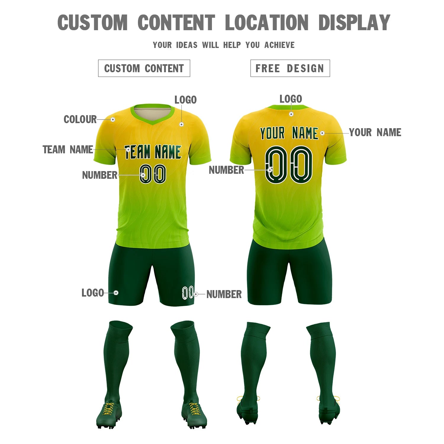Custom Gold01 Neon Green Printing Sportswear Soccer Sets Jersey