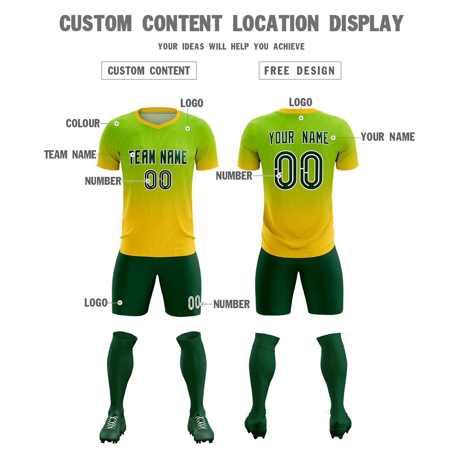 Custom Neon Green Gold01 Printing Sportswear Soccer Sets Jersey